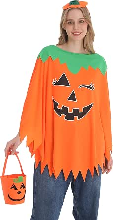 3 Pcs Pumpkin Costume Women Glow in the Dark Halloween Costume Set with Poncho Headband and Pumpkin Bag