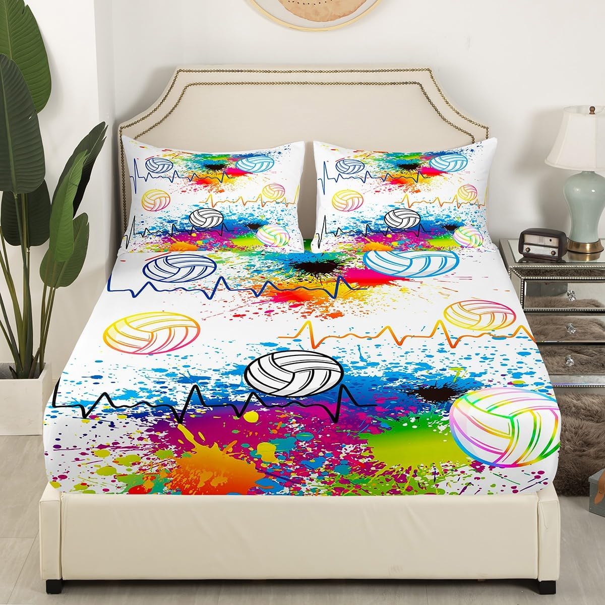 Feelyou Volleyball Bed Cover 3D Ball Sports Bedding Fitted Sheet for Boys Girls Women Men Watercolor Volleyball Bed Sheet Set Ball Games Decor Bedding Sheets Bedroom Collection 3Pcs Queen Size