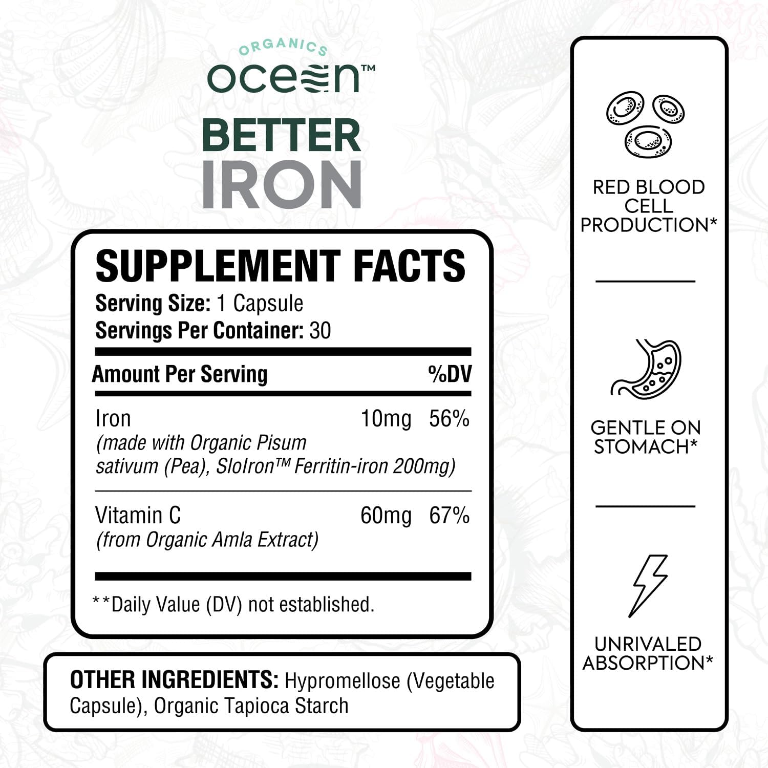 Organics Ocean Better Iron Supplement with Vitamin C - Plant-Based Fermented Pea Formula - Supports Iron Absorption, Energy & Vitality - Gentle on the Stomach, Vegan, Non-GMO - 1 Pack