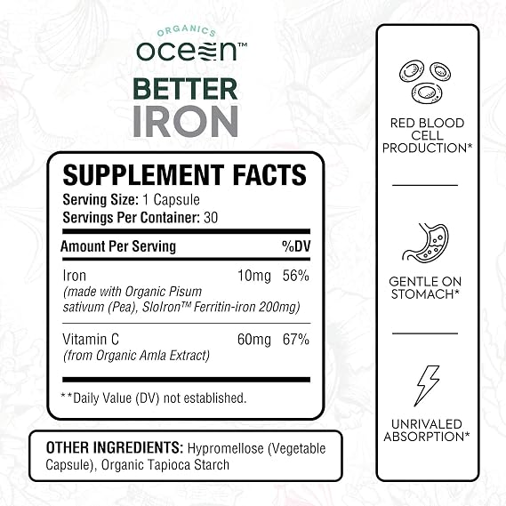 Organics Ocean Better Iron Supplement with Vitamin C - Plant-Based Fermented Pea Formula - Supports Iron Absorption, Energy & Vitality - Gentle on the Stomach, Vegan, Non-GMO - 3 Pack