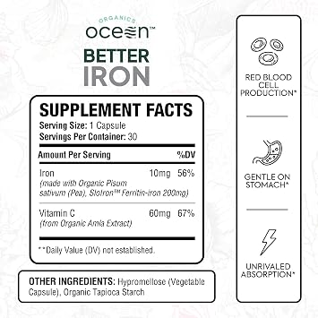 Organics Ocean Better Iron Supplement with Vitamin C - Plant-Based Fermented Pea Formula - Supports Iron Absorption, Energy & Vitality - Gentle on the Stomach, Vegan, Non-GMO - 3 Pack
