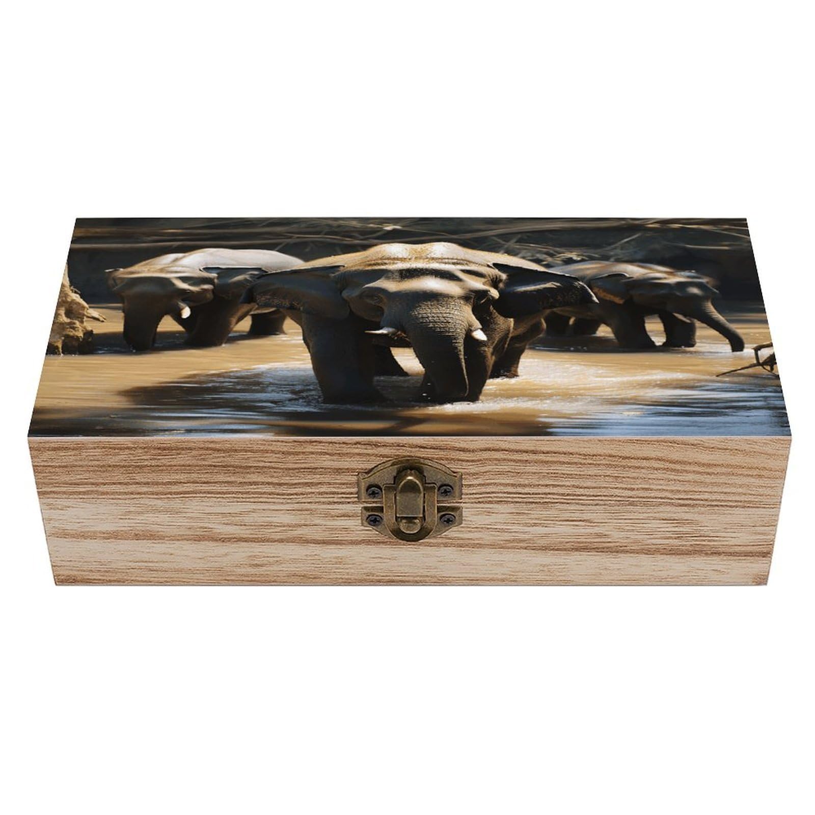 Coffre de rangement en bois rétro à motif éléphant avec couvercle pour photos