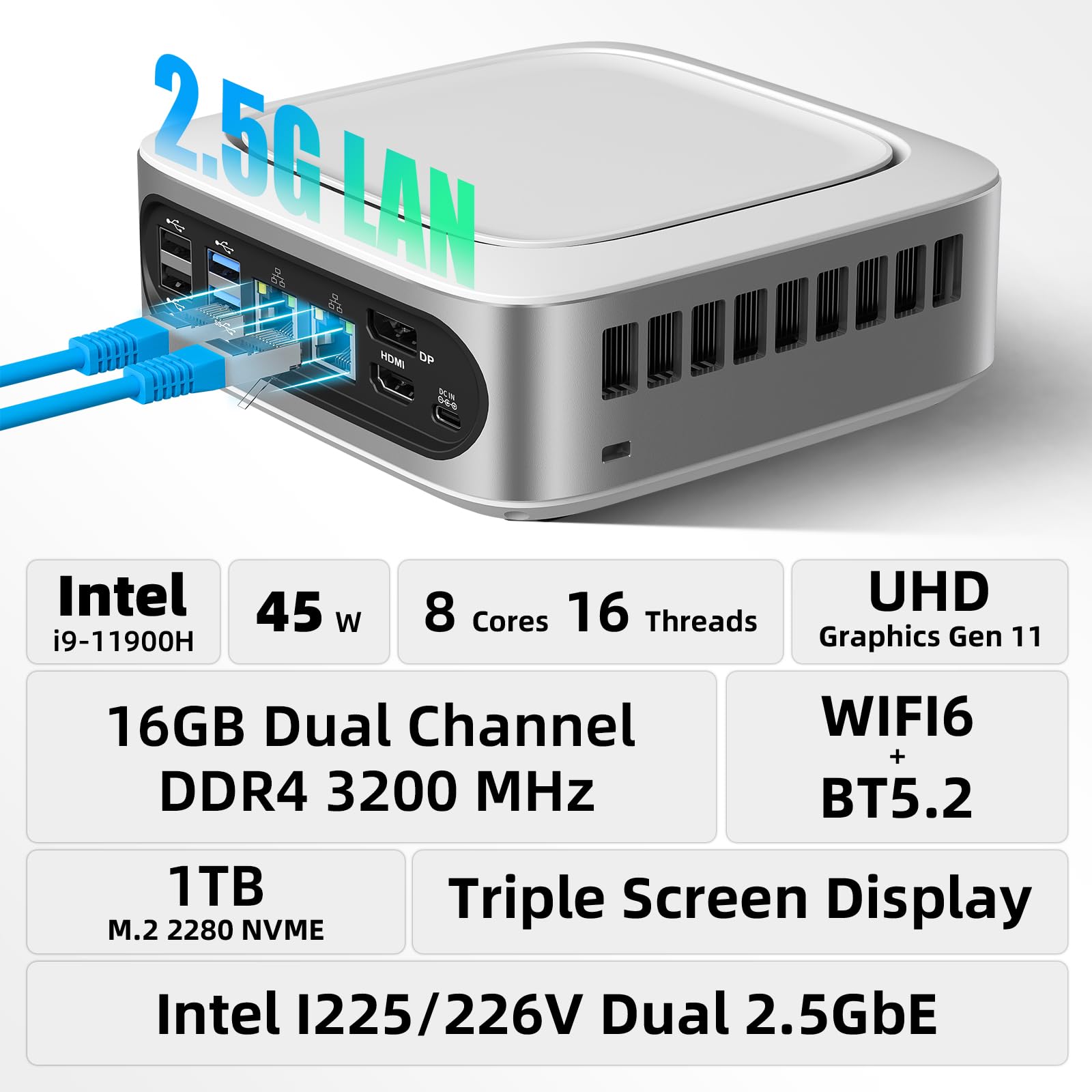 AWOW Mini PC Wi-11 Pro i9-11900H 16GB DDR4 1TB NVMe SSD WiFi 6 BT 5.2 Triple 4K Display Dual 2.5G LAN