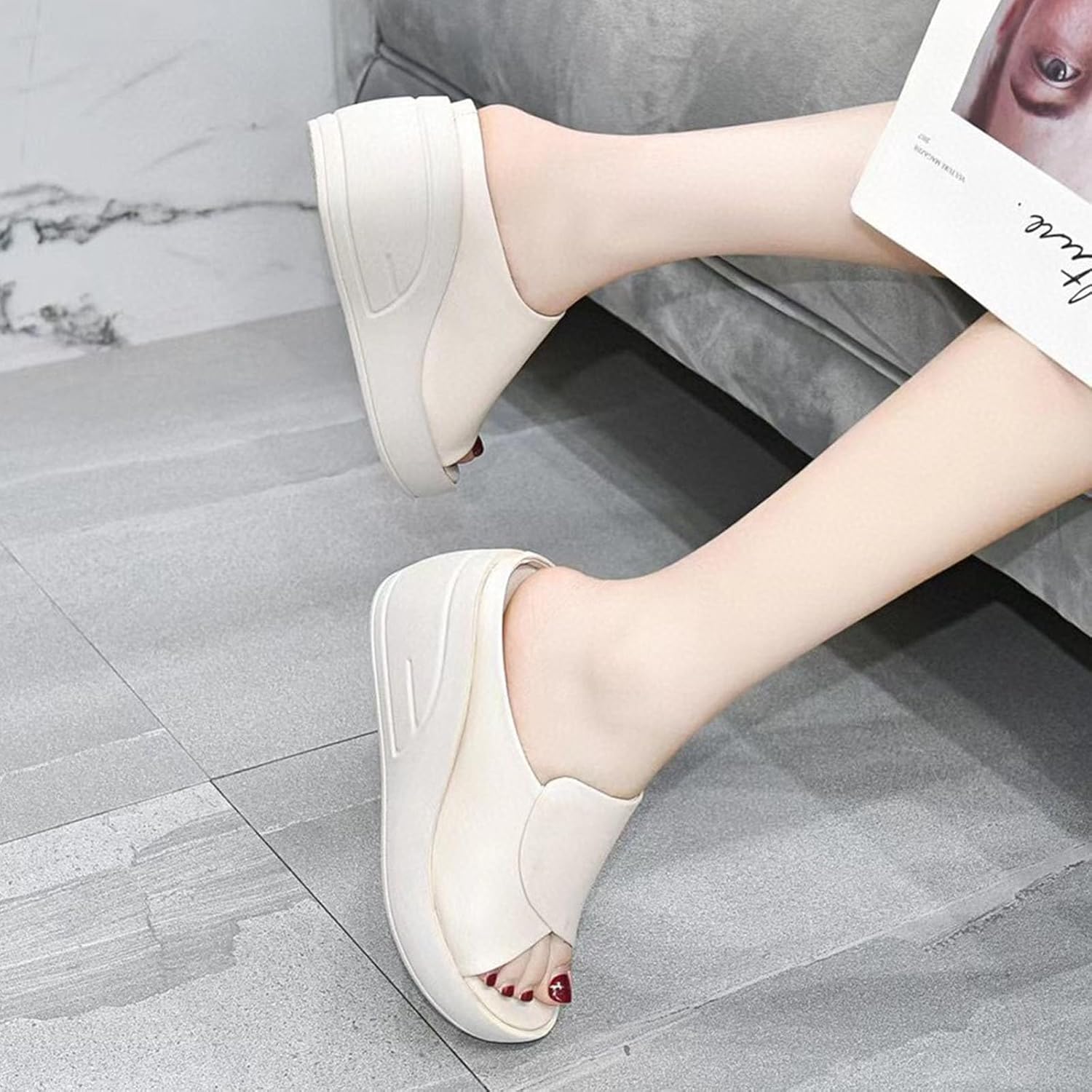 Women's Fish Mouth Platform Wedge Slippers,Lightweight Comfy Backless Mules Open Toe Non-slip Softsole Boho Beach Sandals (4.5,Beige,4.5,Women) - Image 7