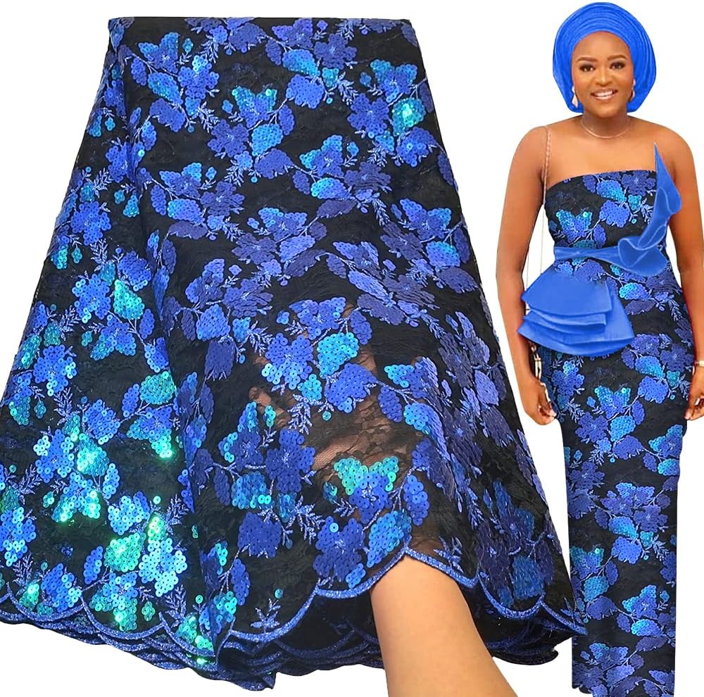 Bestway African Lace Fabric 5 Yards Sequins Embroidery Nigerian Party Gown Sew Material French Tulle Lace Fabric