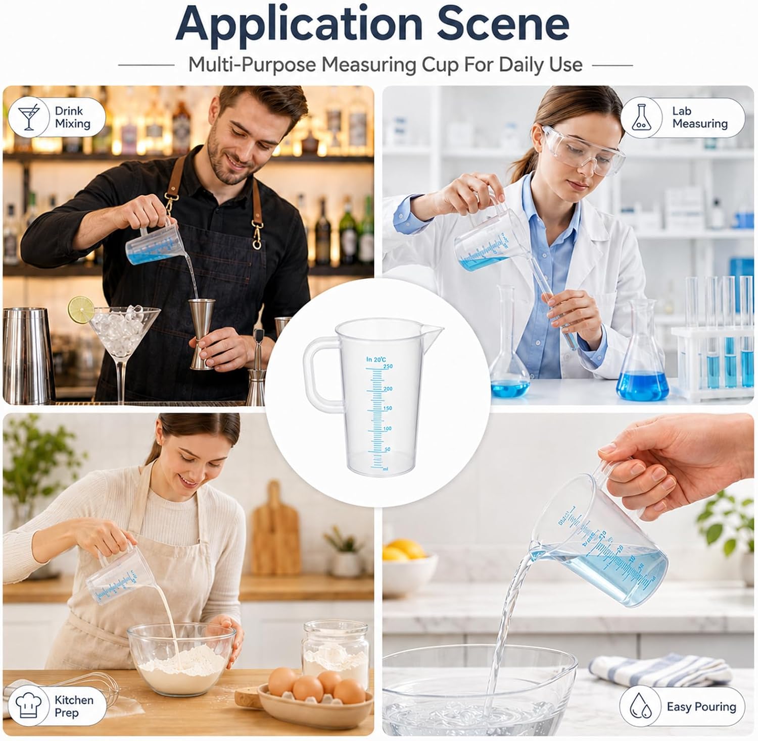 Plastic Measuring Cup, 2 Pcs 250ml PP Graduated Beaker Transparent Liquid Measuring Pitcher with Handle for Lab Home Kitchen Baking Cooking Mixing