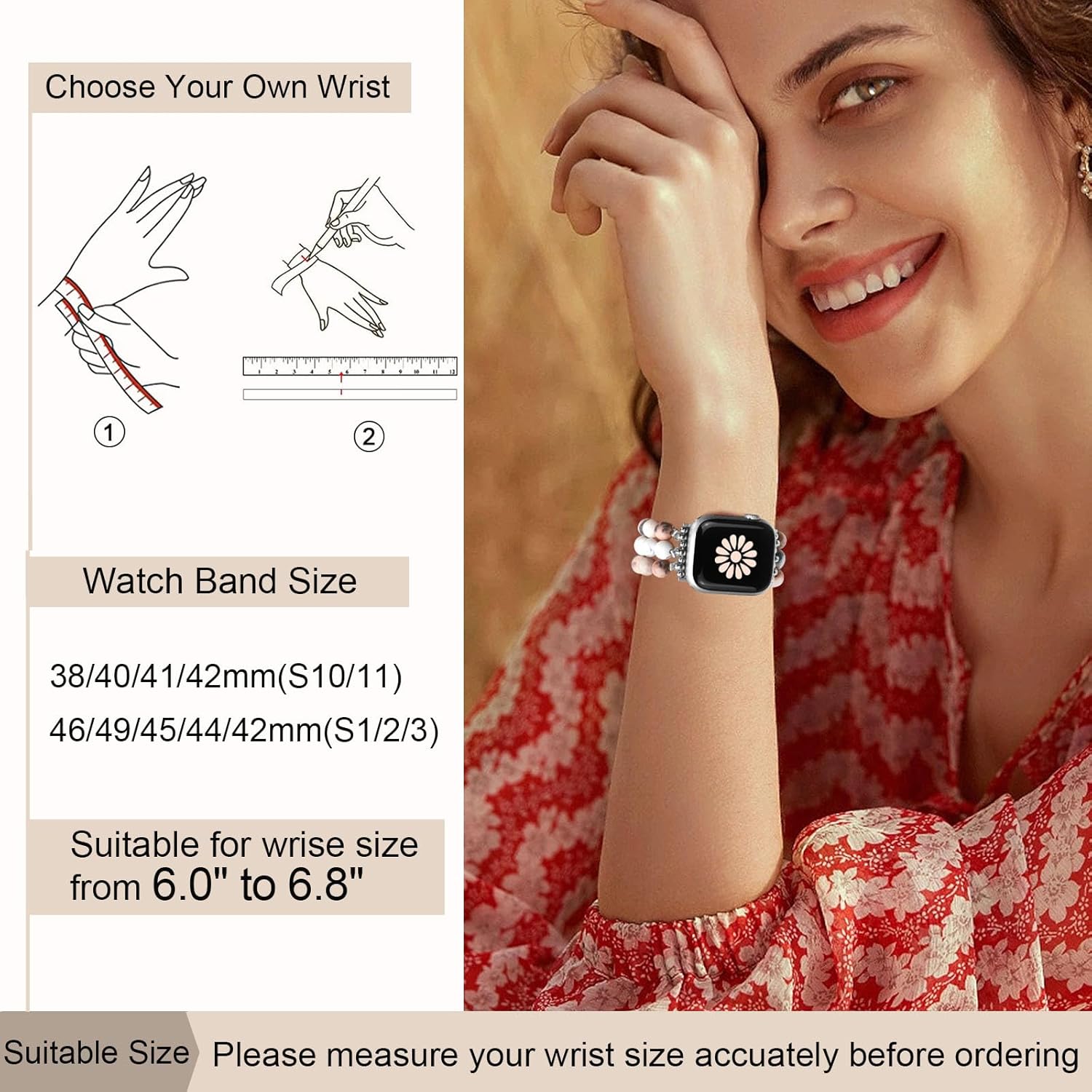 Natural Stone Bracelet Beaded-Bands Women Compatible with Apple Watch 38mm 40mm 41mm 42mm (S10/11) Feminine Cute Handmade Stretch Strap for iWatch Series 11/10/9/8/7/6/5/4/3/2/1 SE 3/2/1 - Image 3