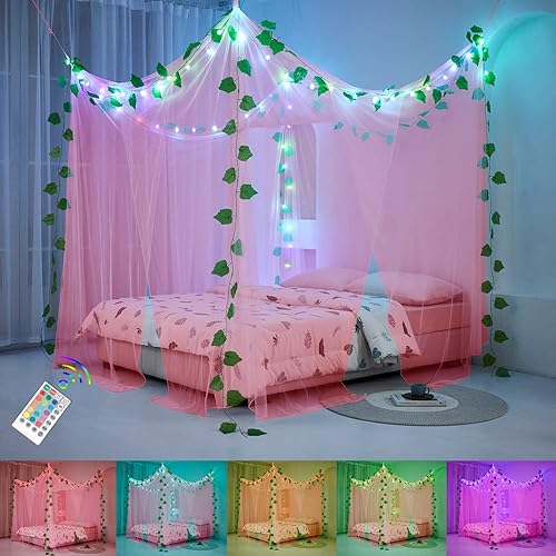 Akiky Cortinas de cama con dosel rosa princesa con luz LED de 16 colores, red de cama con domo para niñas y mujeres con decoración de hojas de vid