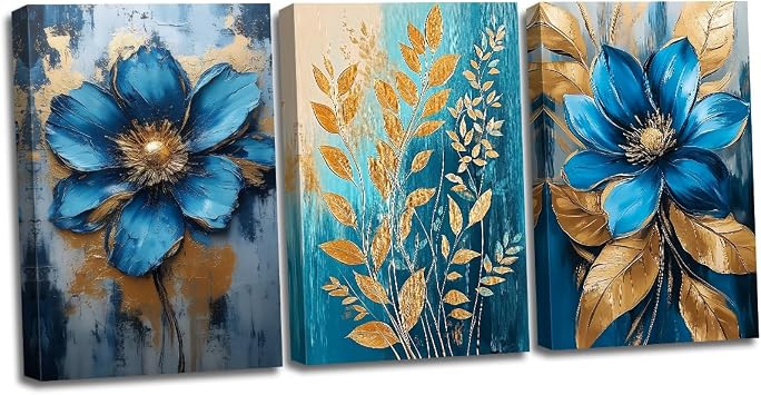 Blue Gold Flowers Wall Art 3 Panels Abstract Blue Floral Pictures Gold Leaves Poster Print Modern Artwork for Living Room Home DecorFloral-3,24L x 36W x 3Pcs
