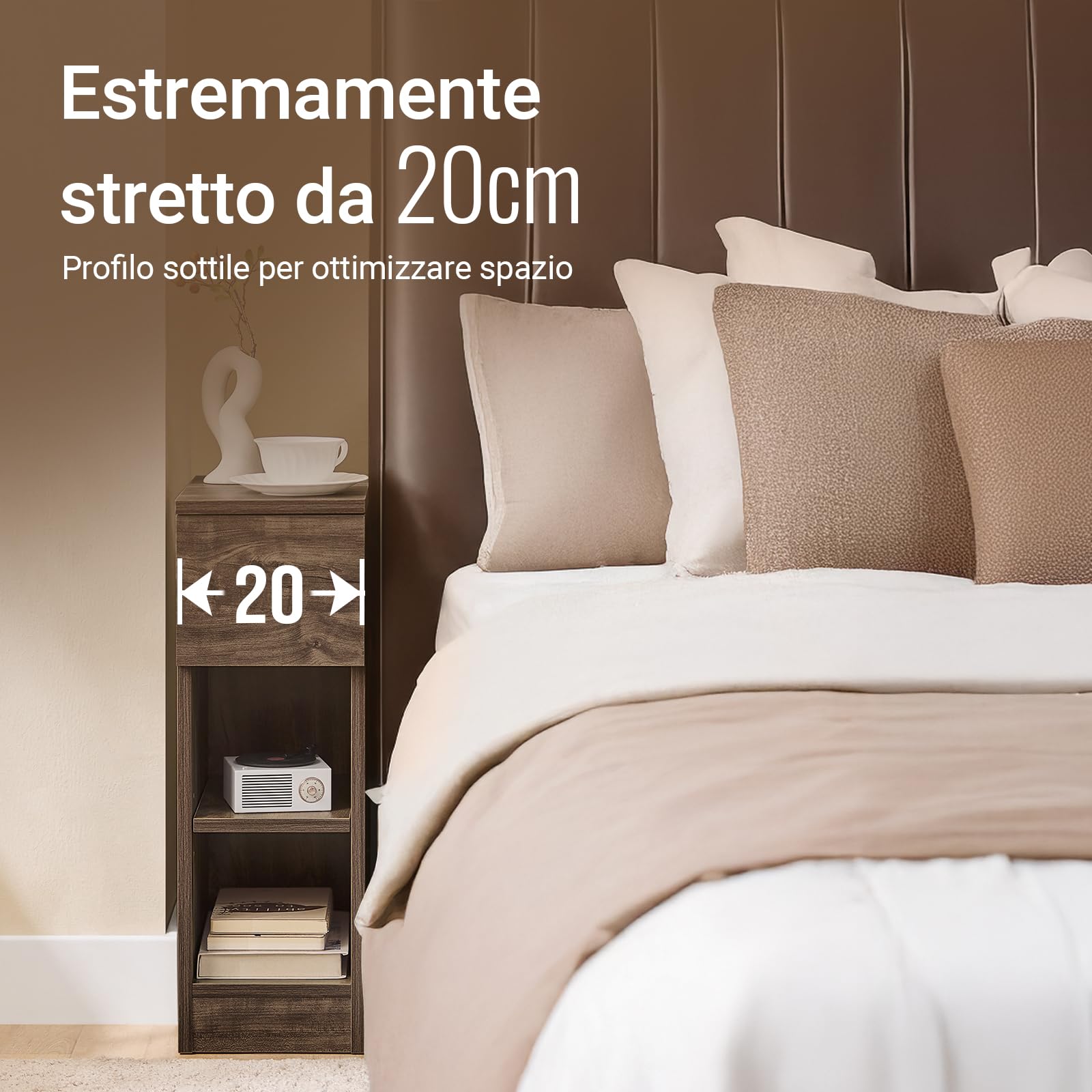 Tavolini Stretty Con Contenitore - Set Da 2 Comodini Sottili Per Soggiorno E Camera Da Letto, Marrone Rustico Con Cesto Portaoggetti, Ideali Per Spazi Piccoli