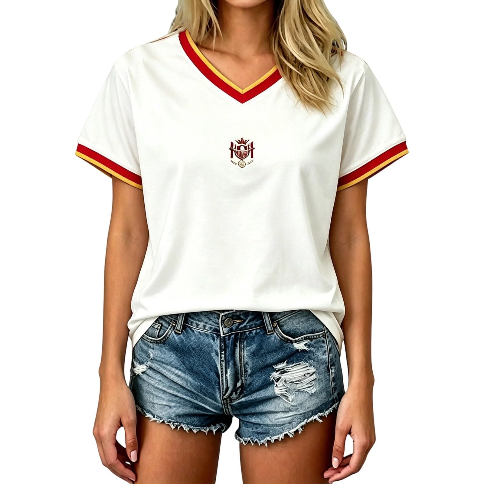 Spain Football T-Shirt for Women Short Sleeve V-Neck Shirts Spain Flag Comfortable Casual Tee Retro Soccer Jersey Adult and Kids Summer Tops (3-White, L)