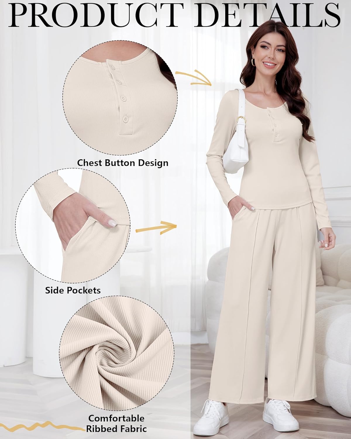 Women's 2 Piece Lounge Set 2025 Fall Travel Outfits Knit Long Sleeve Top Henley Shirt Wide Leg Pants Airport Clothes - Image 3