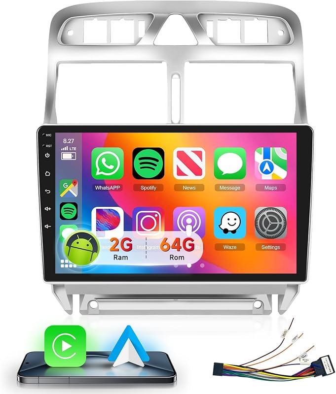 Podofo Android Autórádió Peugeot 307 (2002-2013) - 9" Érintőképernyős GPS Navigáció, 2G+64G, WiFi, Bluetooth, CarPlay, HiFi Hangrendszer