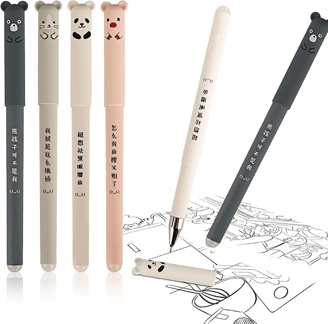 Erasable Gel ink Pens 4 Pack,Cute Cartoon Animal Stationary, 0.35mm Black Ink Gel Pen for Kids Adults Sketching,Drawing,School Office Supplies