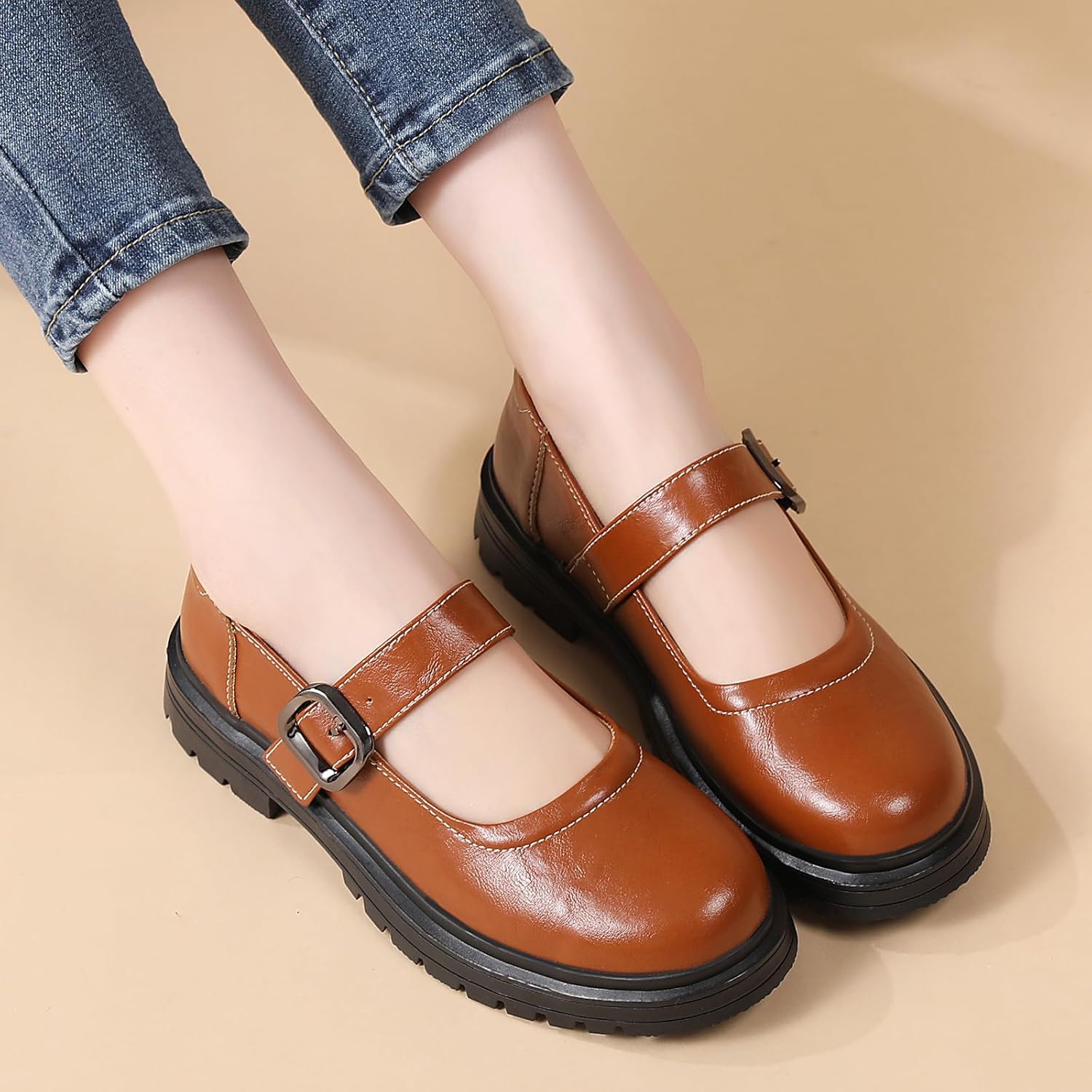 Mary Jane Shoes Women Oxford Shoes Leather Round Toe Flats Non-Slip Ankle Buckle Strap Comfort Casual Dressy Cosplay Party School Work Shoes - Image 2