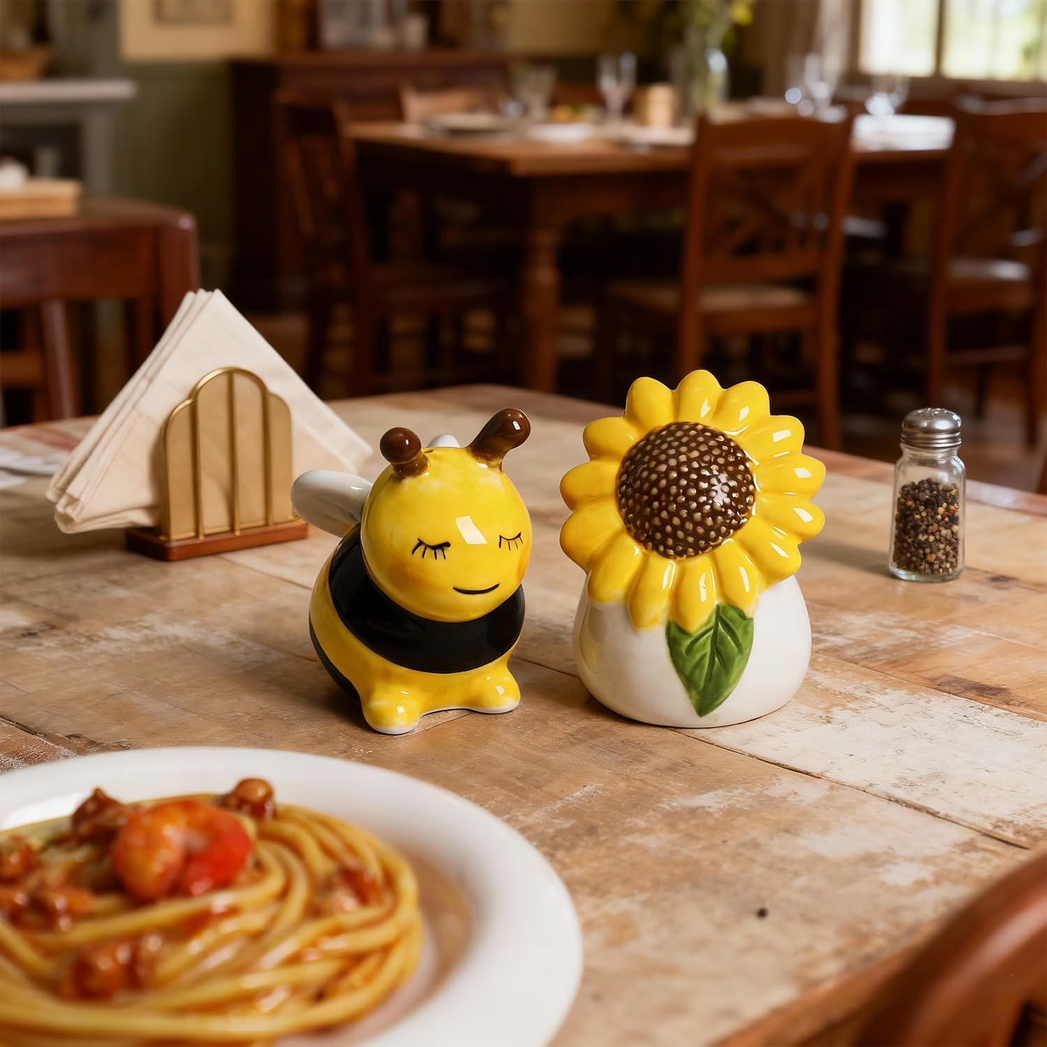 SOCOSY Sunflower and Bee Salt and Pepper Shakers Set, 2 PCS Ceramic Salt & Pepper Shakers Set