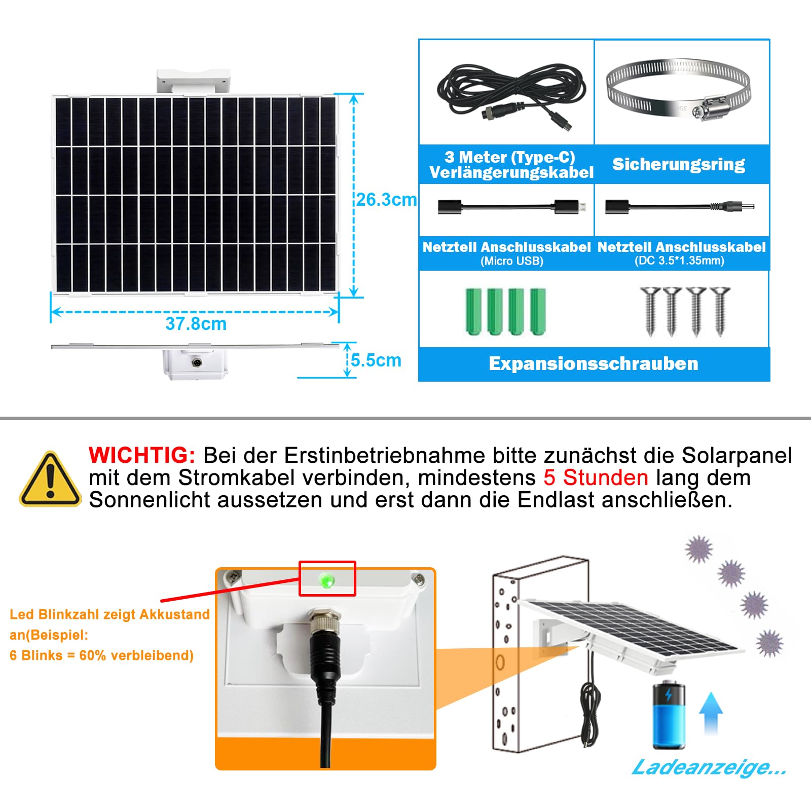 20W/5V Solarpanel mit eingebautem 26000mAh Akku.mit 3m langem 3-in-1-Ladekabel (Micro-USB, Typ-C und DC 1,35mm) für Überwachungs 3G/4G kameras und Vogel-Fütterungskameras,IP66