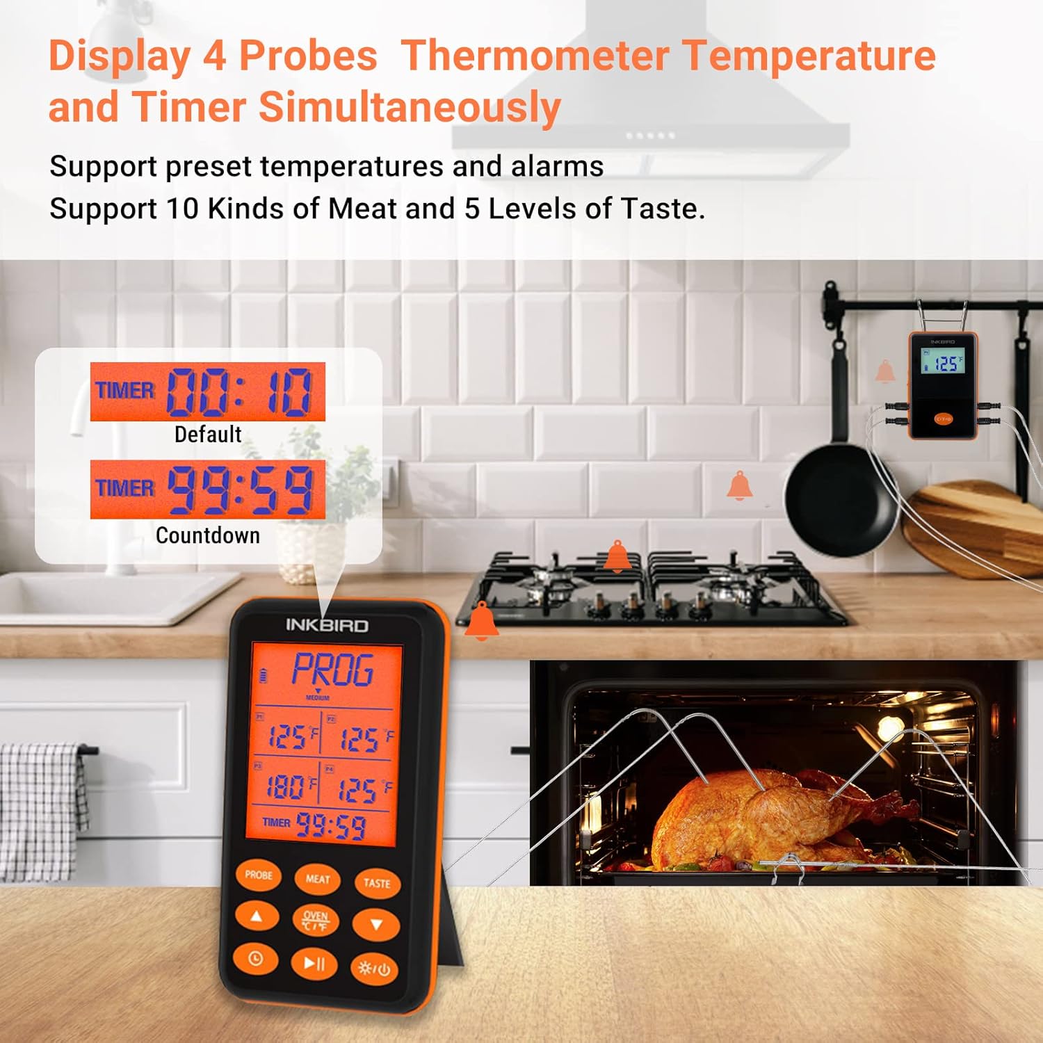 Image showing the INKBIRD IRF-4S receiver displaying temperatures from four probes simultaneously, along with timer functions, in a kitchen setting.
