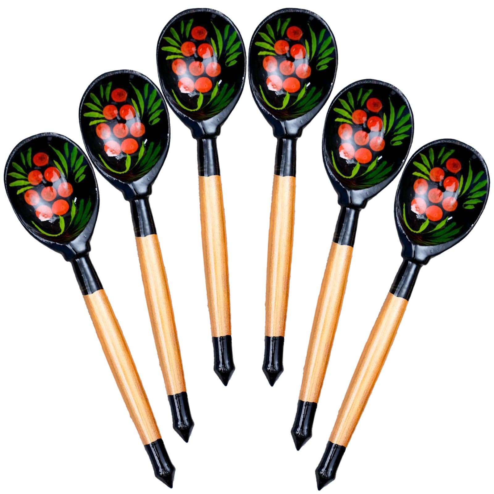 Set Of 6 Russian Wooden Spoons Hand Painted Khokhloma Traditional Slavic Folk Style Decor Red Gold Black Birch Collectible Utensils