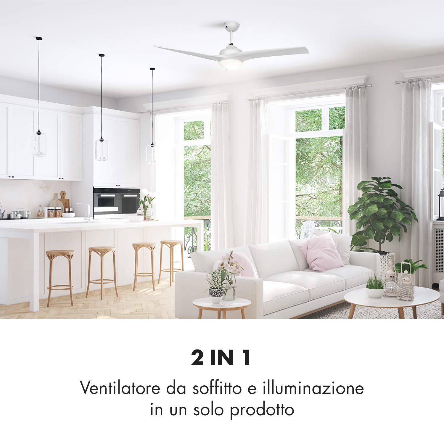 Klarstein Figo Ventilatore da soffitto - 2 in 1: ventilatore & plafoniera (2 x 42 W), Diametro: 52" (132 cm), 3 pale, Portata d'aria: 9.018 m³/h, 2 direzioni di rotazione, 3 velocità, bianco