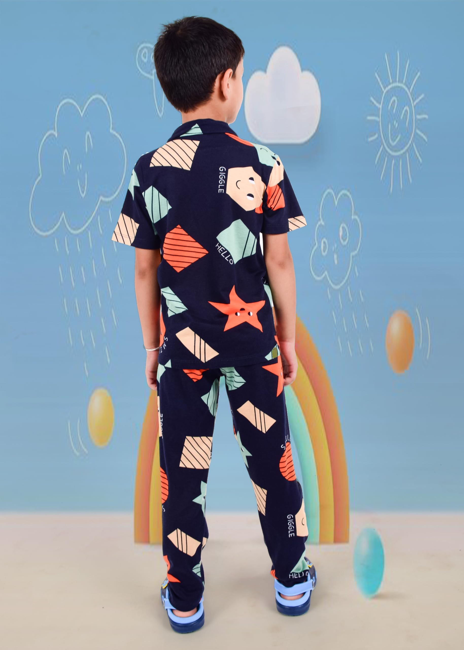 3BROS Unisex Pure Cotton Short Sleeve Kids Night Dress for Boys & Girls Nightwear/Sleepsuit/Sleepwear/Loungewear Night Suit for Boys and Girls Top and Pyjama Combo Set | Multicolor-19 | 7-8 Years - Image 2 thumbnail