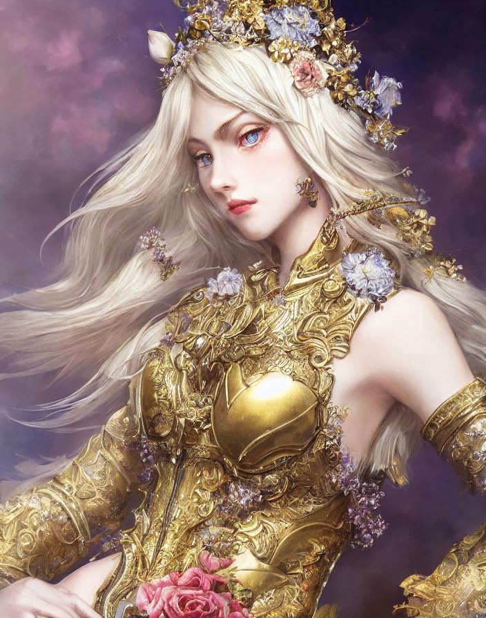 Poster mural sur toile fleur blonde déco murale armure argentée or 50 x 70 cm