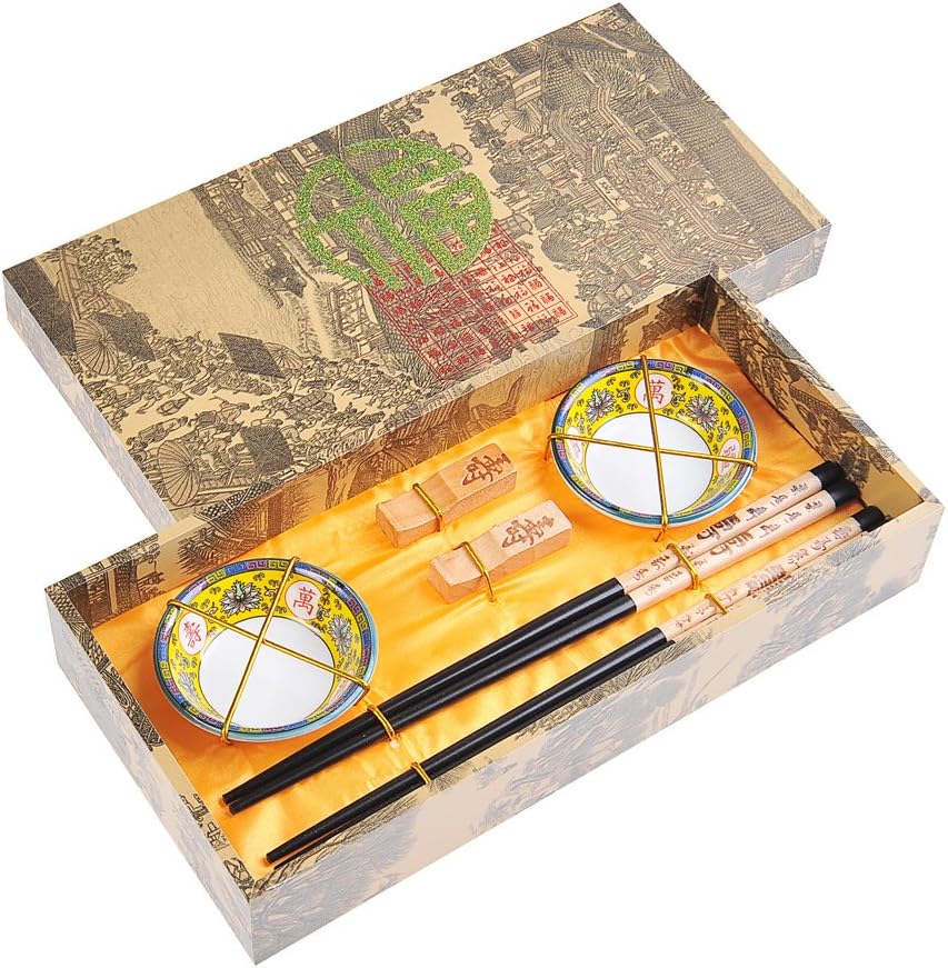 Chopsticks Set Longevity with ceramic bowls in a decorative box, includes 2 carved-wood chopsticks, 2 rests, 2 ceramic bowls, Mod. CBS-S2-G-H06