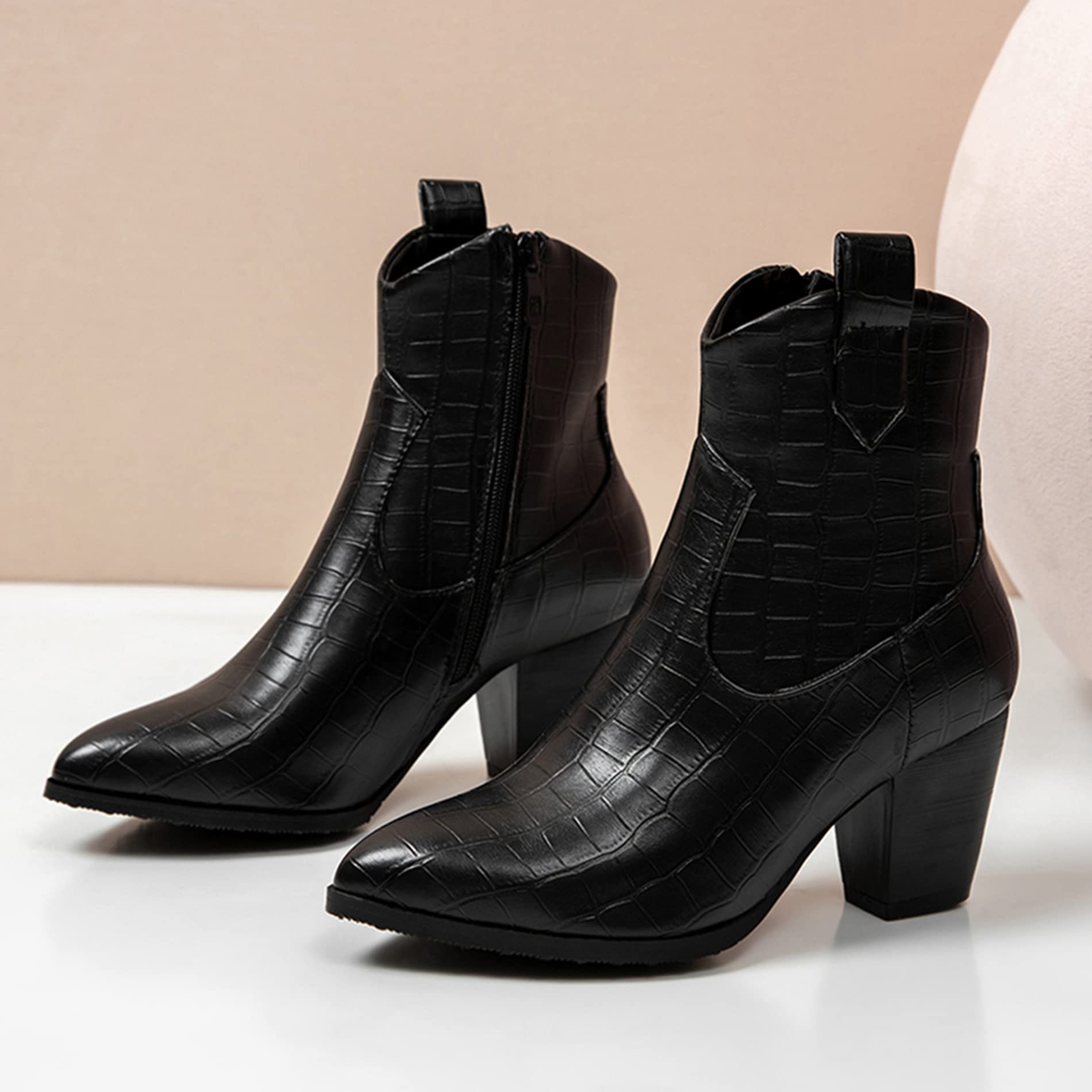 Botines Mujer Tacón Ancho, Botas de Vaquero Casual Zip Botines Tacón Medio Puntiagudo, Talla 32-54