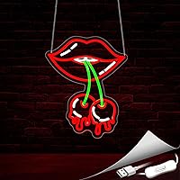 Vista 5 de Cherry Lips Neon Sign, Neon Signs for Wall Decor Neon Red LED Signs Room Neon Light Up Signs Home Decor for Bedroom Club Party Bar Shop USB Operated