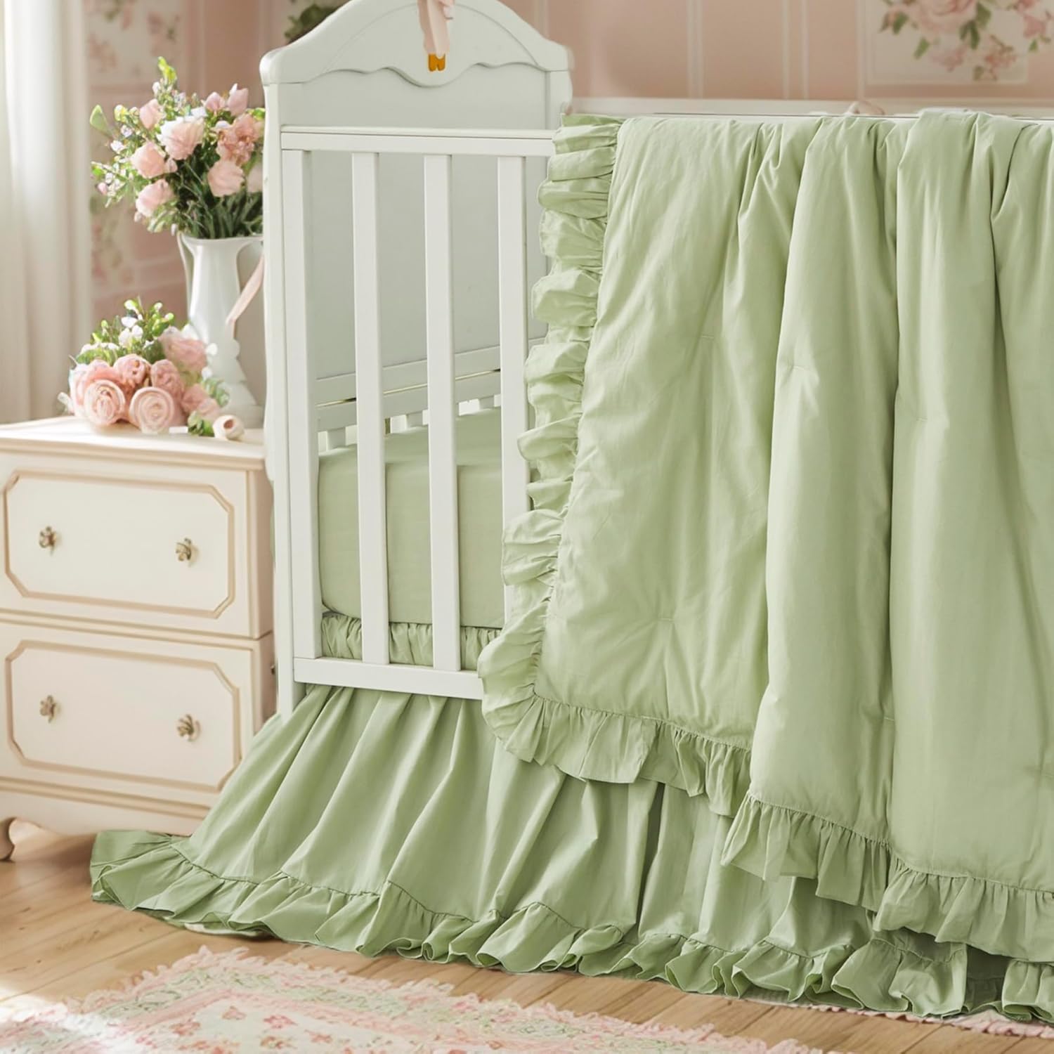 Brandream Farmhouse Crib Bedding Sets for Girls and Boys | 100% Percale Cotton 3 Piece Nursery Set Light Green Ruffles | Baby Comforter, Fitted Crib Sheet, Crib Skirt Included