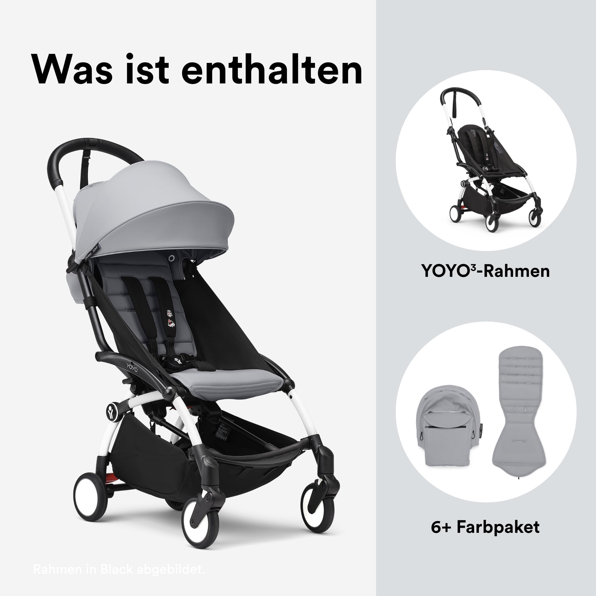 Stokke YOYO3 Kinderwagen ab 6 Monaten - Inklusive weißem Rahmen / Stone Sitzkissen + Verdeck - Blitzschnell ein- und ausklappbar - Leicht & kompakt - Handgepäck-kompatibel