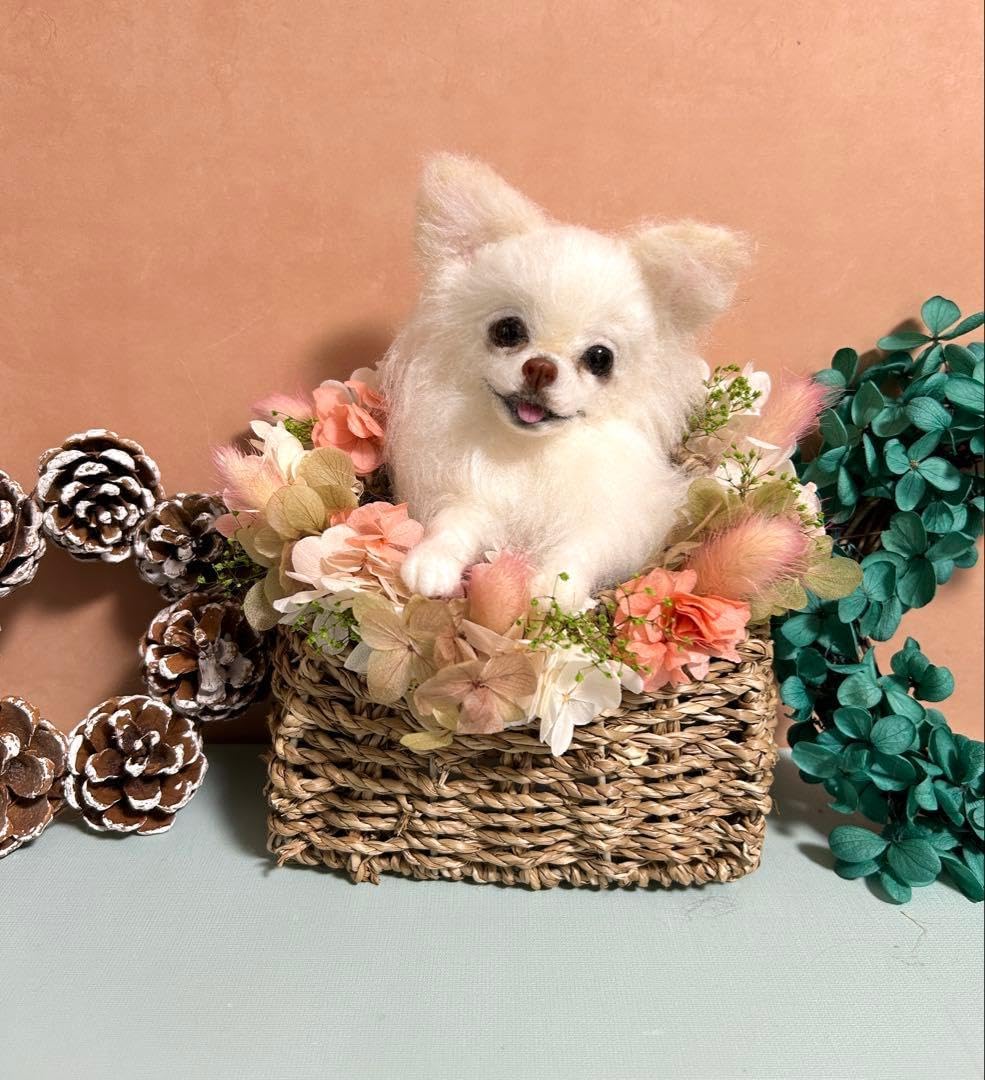 羊毛フェルト にこにこチワワのフラワーバスケット ゆめ様専用 羊毛犬