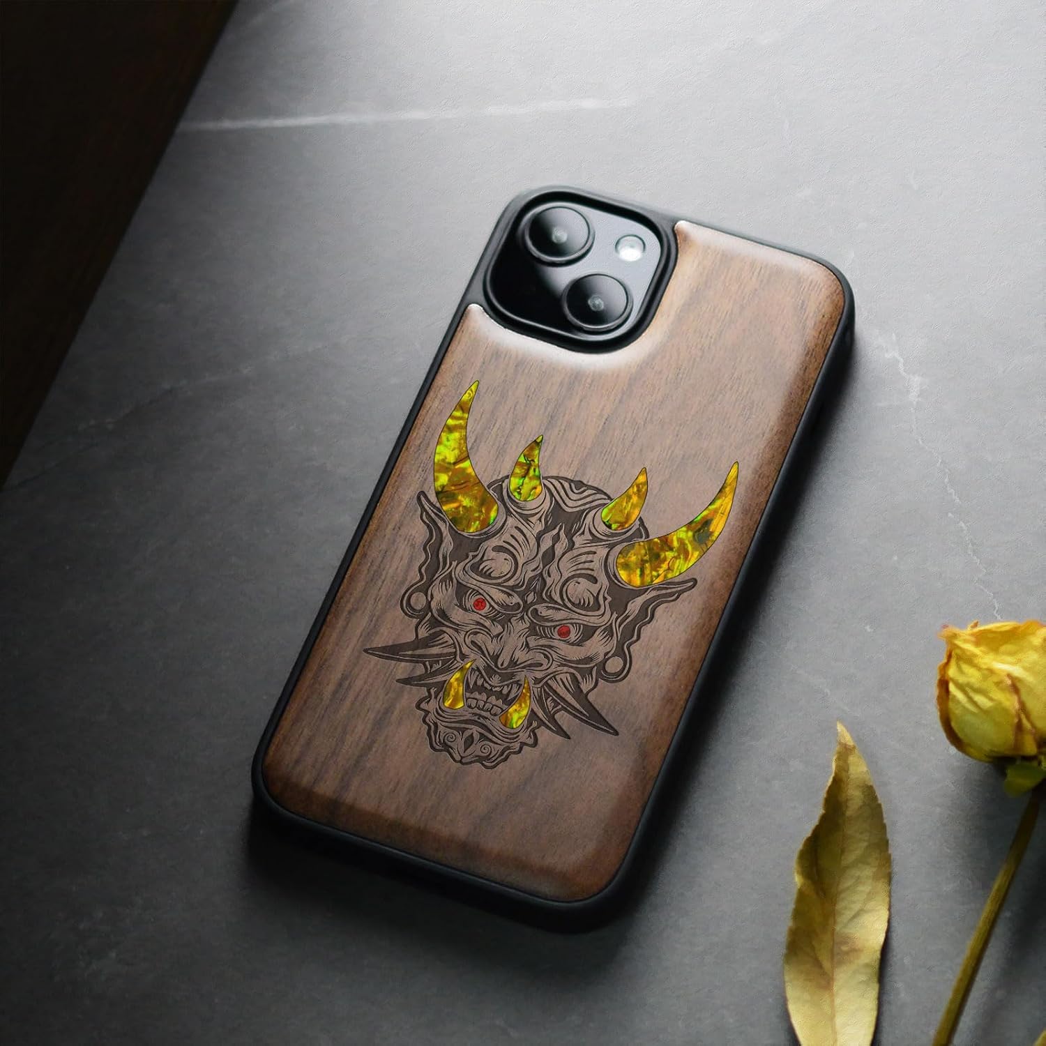 Carveit Designer Wooden Protective Case for iPhone 13 Magnetic Cover [Wood Engraving & Shell Inlay] Compatible with iPhone 13 MagSafe (Japanese Oni Mask-Walnut)