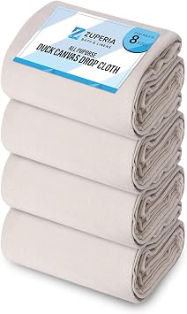 ZUPERIA Canvas Drop Cloth for Painting Size 9x12 Feet Pack of 4 Pure Cotton Painters Drop Cloth for Painting, Furniture & Floor Protection - All Purpose Thick Canvas tarp with Double Stitched Edges
