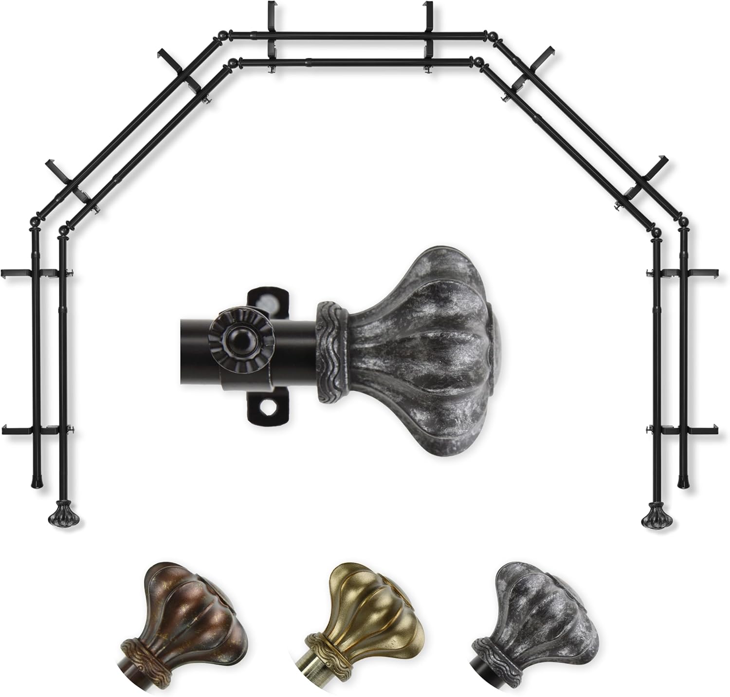 A&F Rod Décor - Earl 13/16" 5-Sided Double Bay Window Curtain Rod - Antique Brass