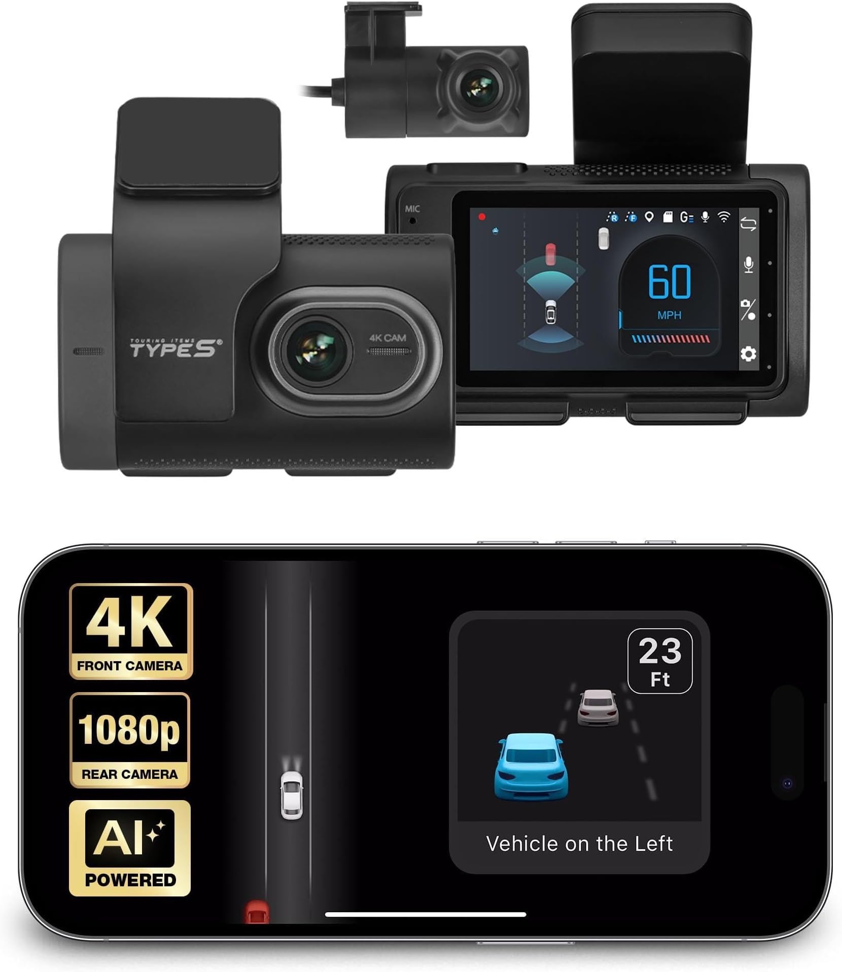 Type S T400 4K Dash Cam Front & Rear with ADAS, Collision & Lane Warning