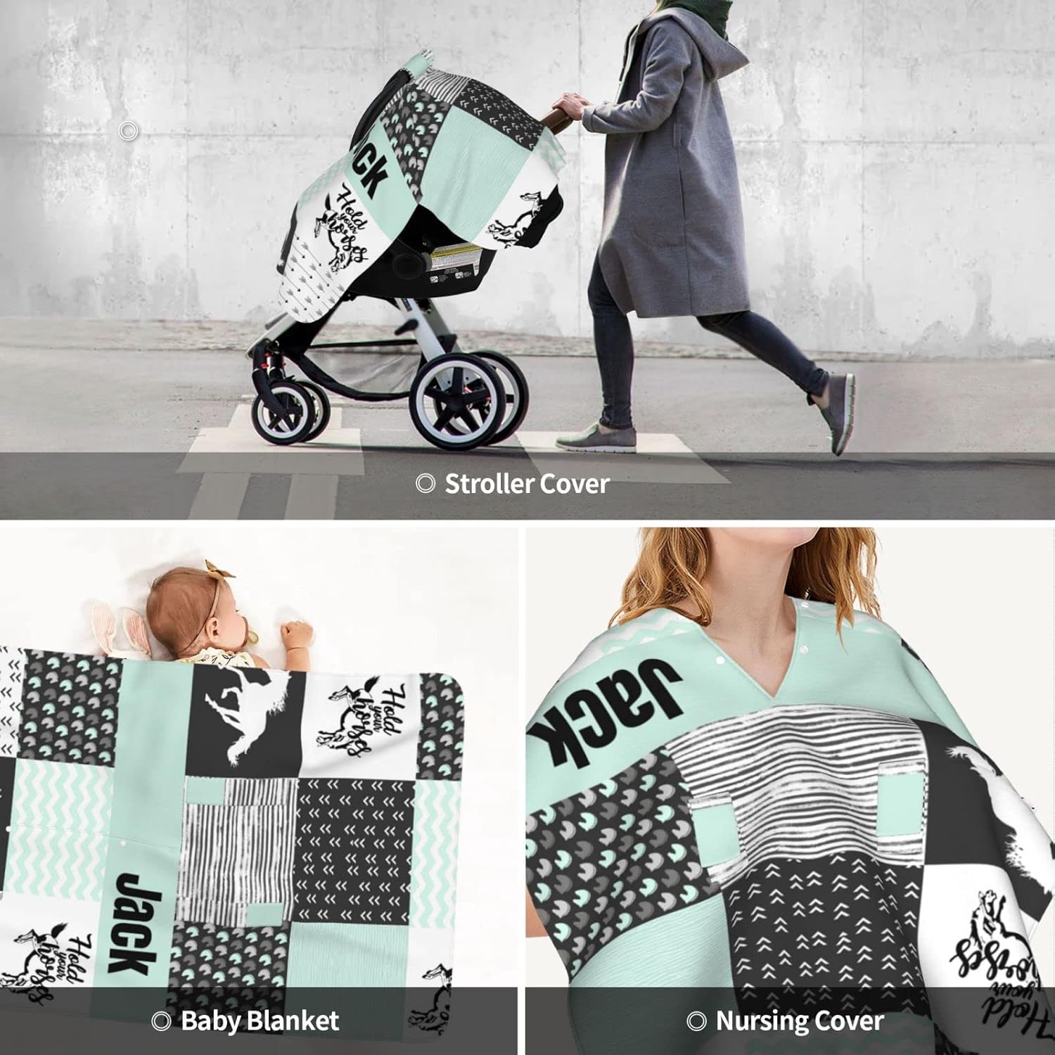 Personalized Running Horse Baby Car Seat Canopy for Babies with Name, Custom Baby Car Seat Covers for Boys and Girls, Opening Minky Nursing Breastfeeding Cover Infant Carseat Canopies for Newborn