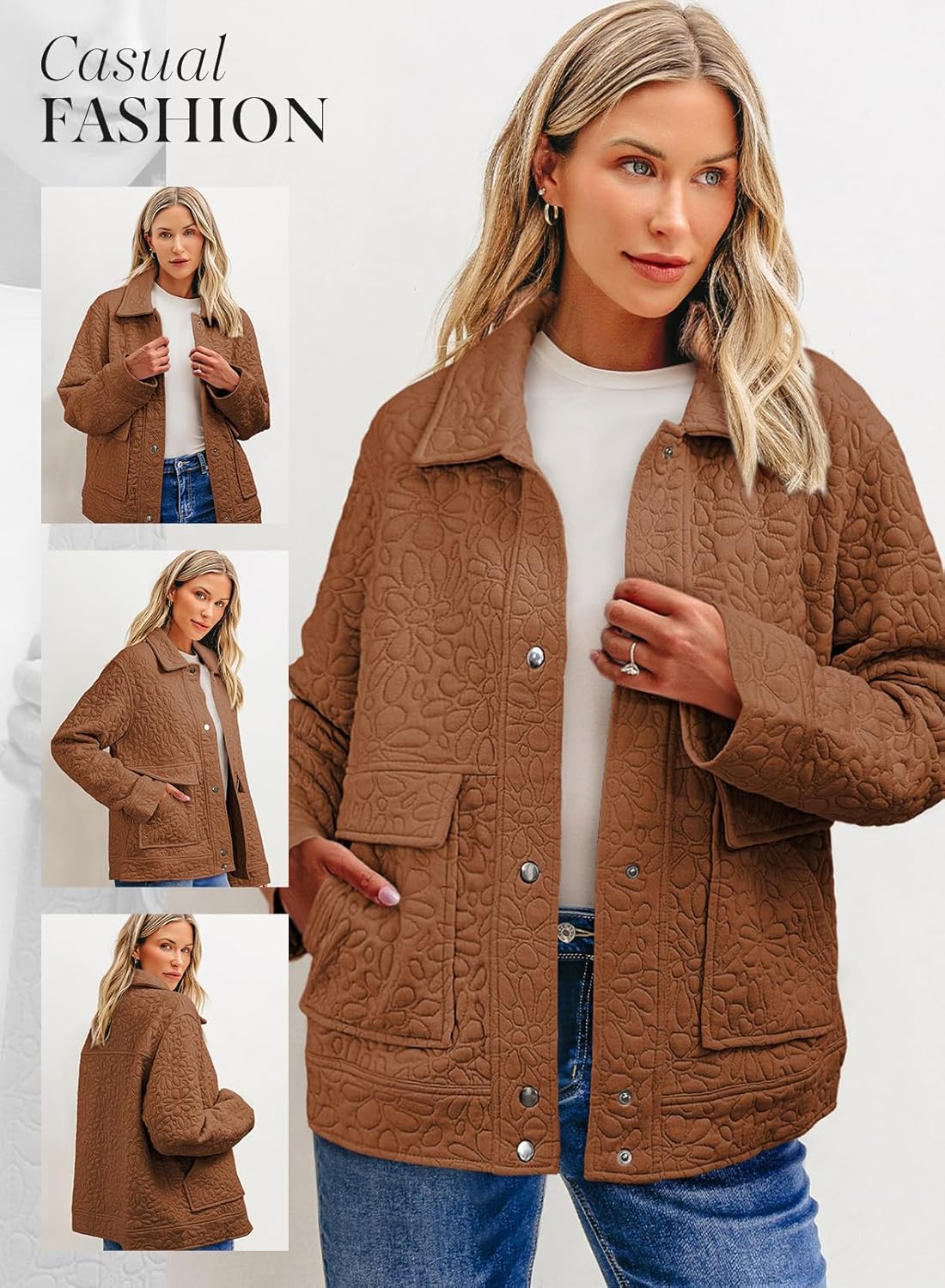 Dokotoo Jackets for Women Casual Long Sleeve Collared Jacquard Coats Trendy Button Down Shacket Jacket with Pockets - Image 4