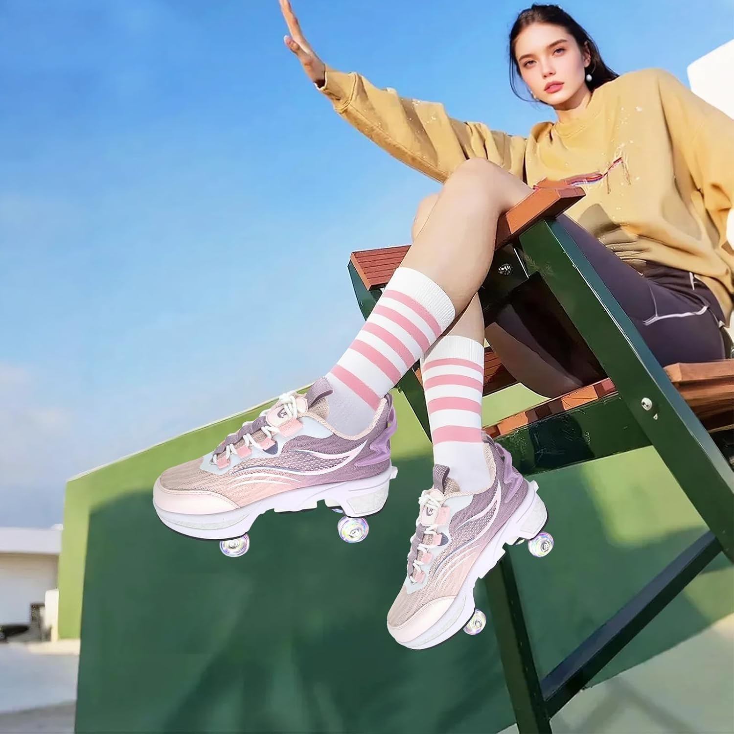 Double-Row Deform Wheel Automatic Walking Shoes Invisible Deformation Roller Skate 2 in 1 Removable Pulley Skates Skating Parkour