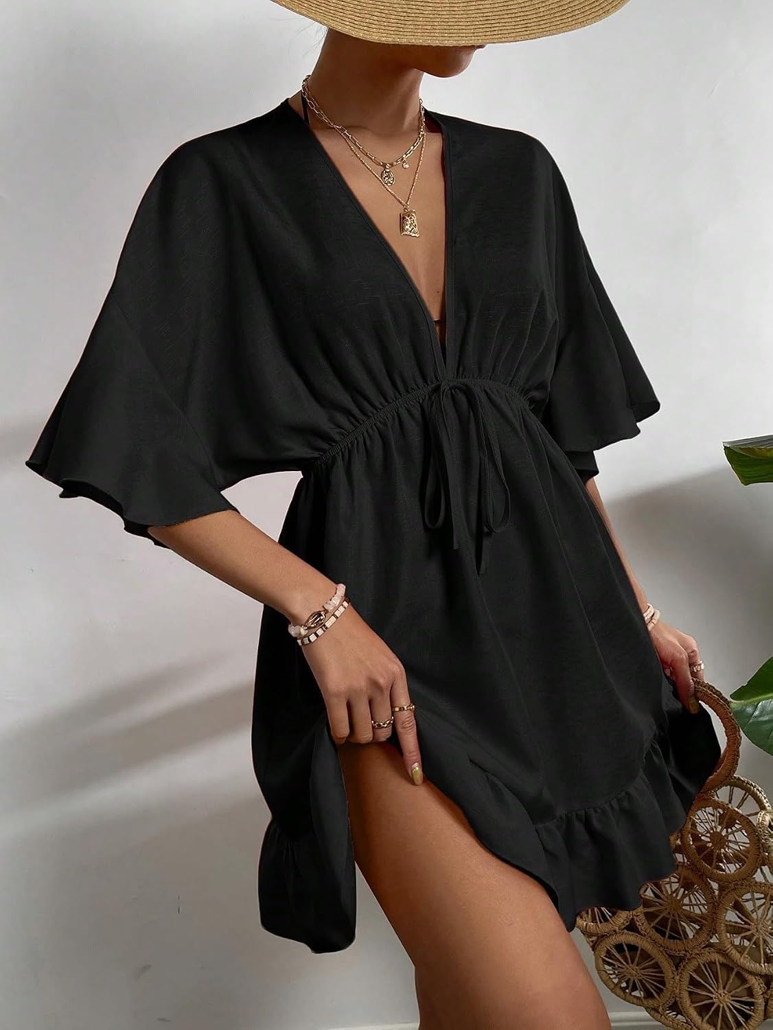 swimsuit coverup for women Solid Ruffle Hem Tie Front Cover Up,Summer Beach