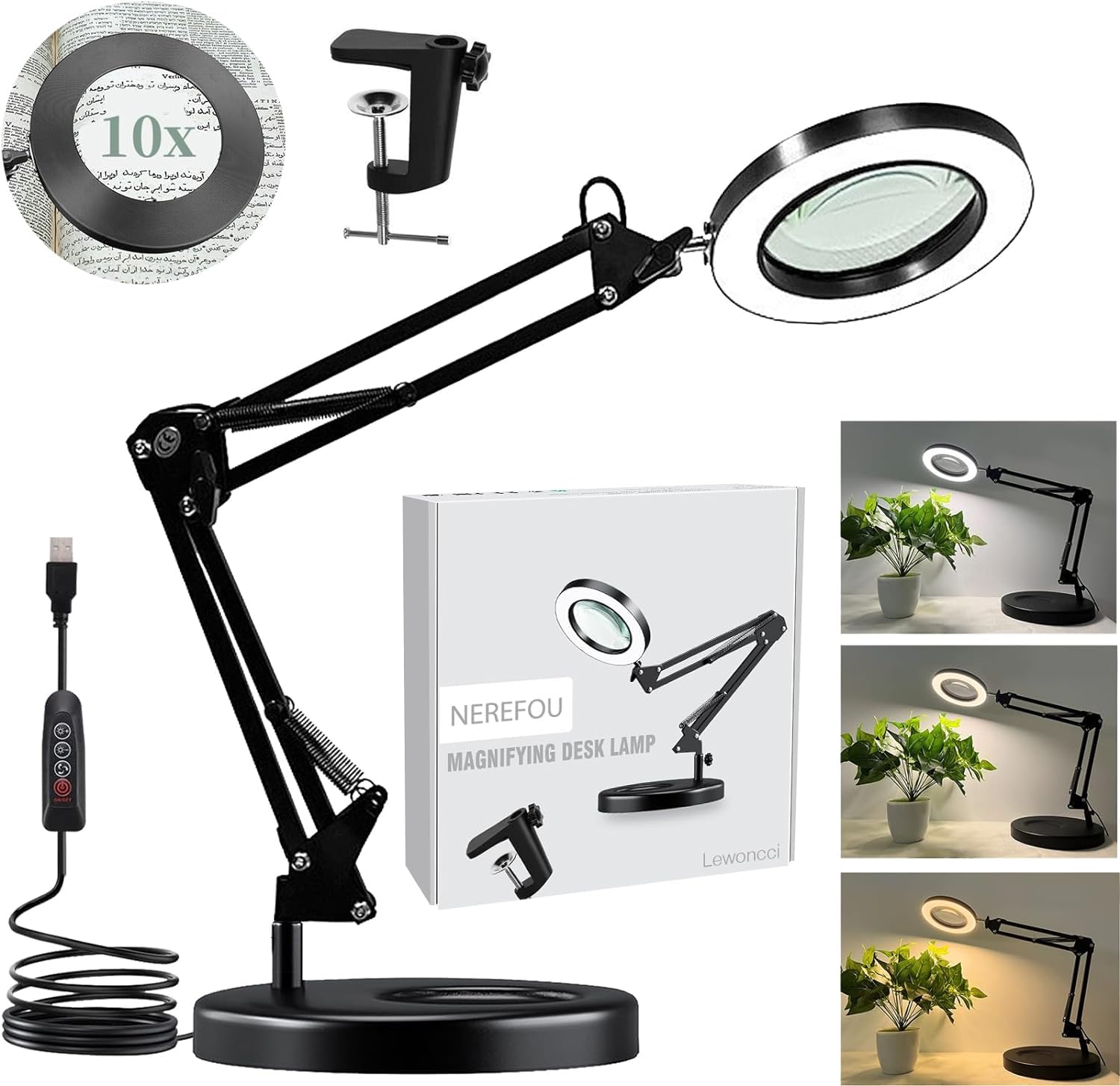 Magnifying Glass with Light and Stand, 10X Magnifying Lamp, 2-in-1 Magnifying Desk Lamp with Clamp, 3 Color Mode, Magnifying Glasses with Light for Close Work (2nd Generation Base ? Clamp)