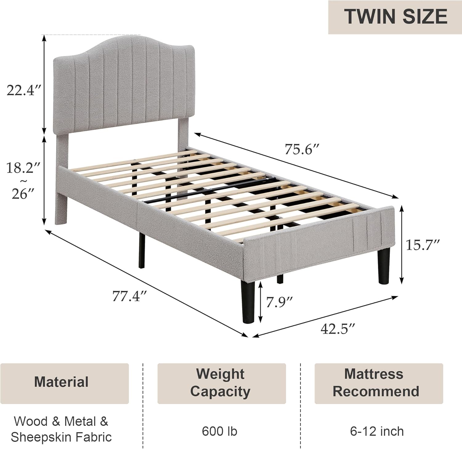 VECELO Twin Size Bed Frame, Upholstered Platform Beds with Height-Adjustable Teddy Fabric Headboard/Strong Wood Slats Supports / 7.9'' Under Bed Storage Space/Noise Free/No Box Spring Needed, Grey