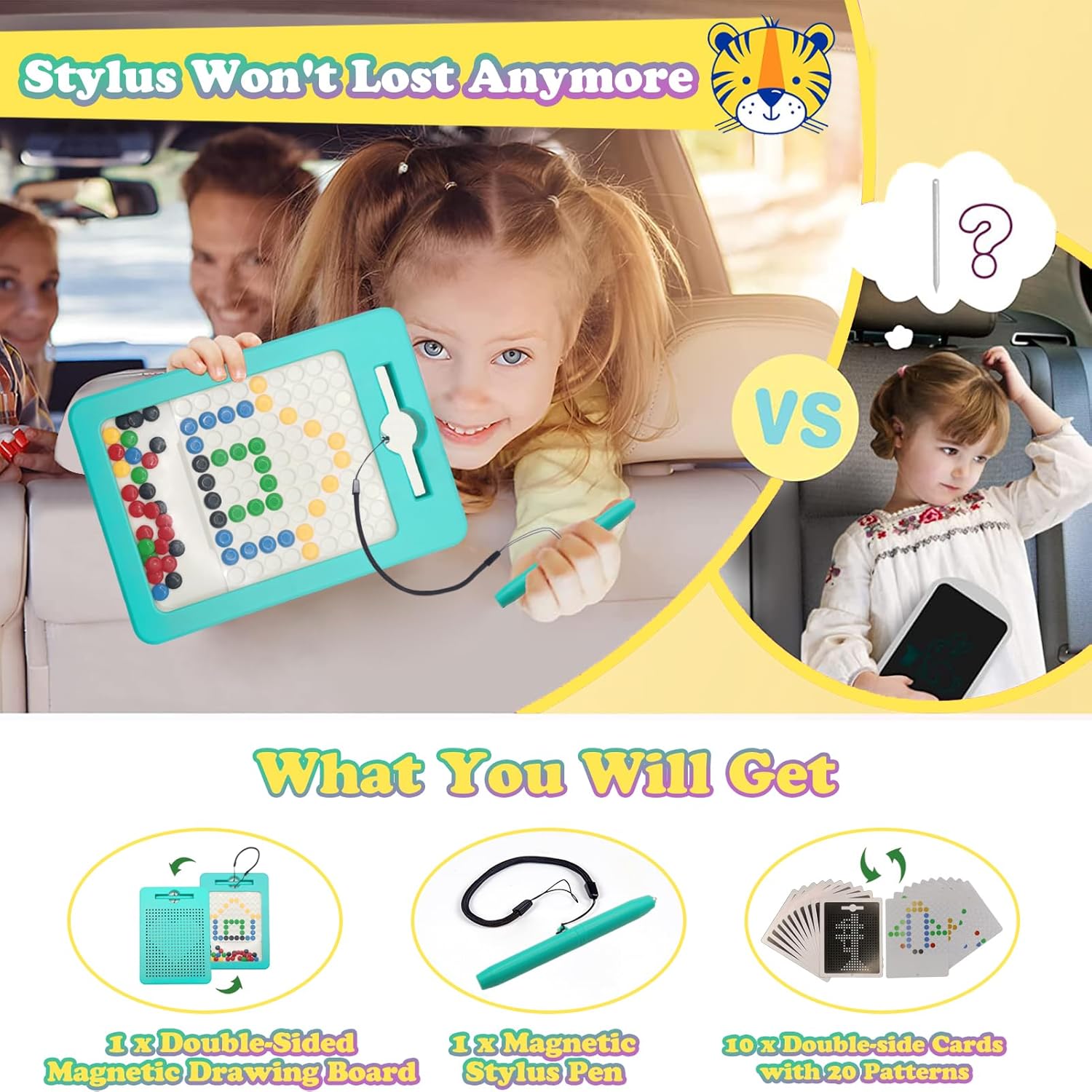 2-in-1 Double-Sided Magnetic Drawing Board for Kids & Toddlers Magnet Doodle Board with Beads, Magnetic Dot Art Toys, Road Trip Car Activities for Kids - Image 6