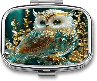 Glass Owl Square Pill Box with 2 Compartments & Mirror | Portable Travel Medicine Case for Pocket, Purse, Small Metal Container, Decorative Pill Organizer for Fish Oil, Supplement