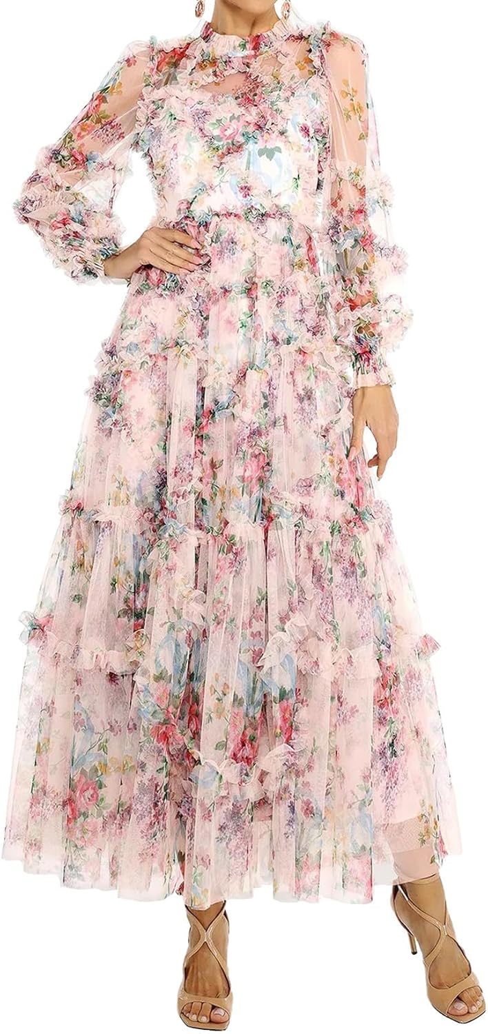 BELLA BARNETT Fairy Floral Dress Beige Mesh Dress for Women Sun Dress Printed Date Night Dress
