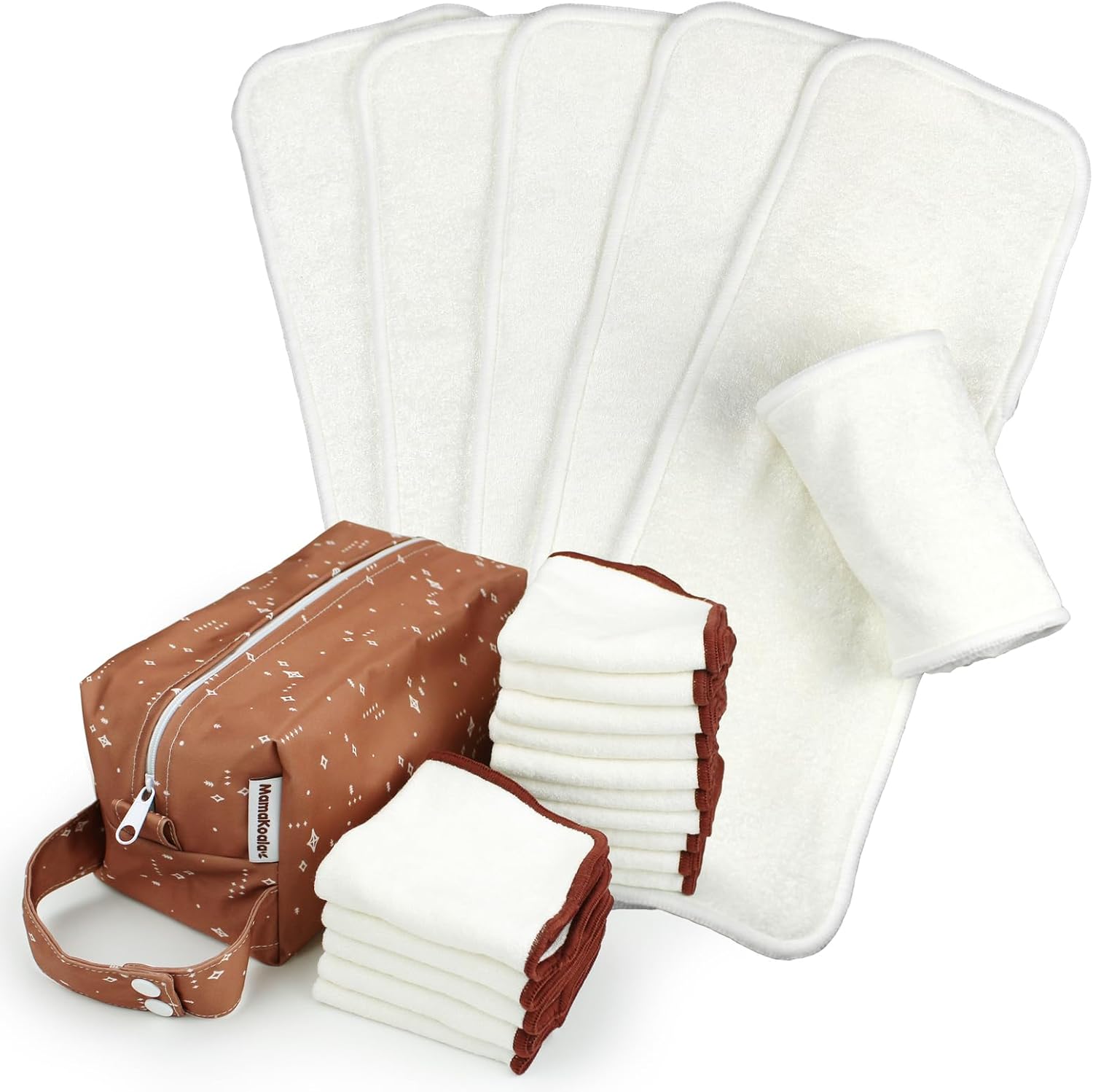Mama Koala 6 Pcs 5-Layer Natural(No Microfiber) Inserts, with 15 Pack Washable Cloth Diaper Wipes & 1ps of Waterproof pod