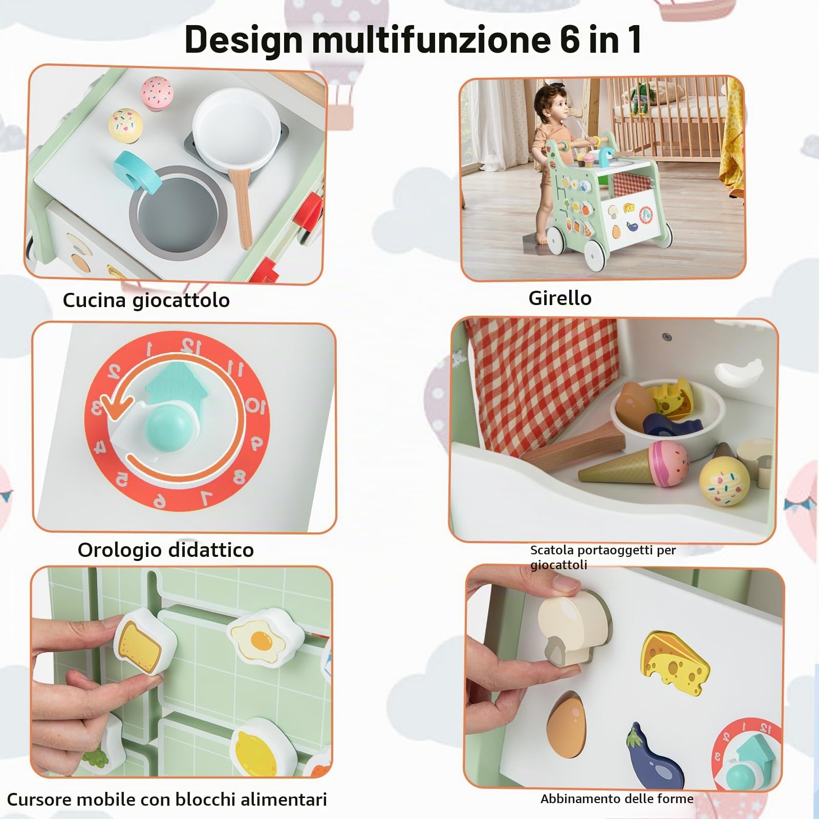 LIFEZEAL Carrello Primi Passi per Bambini 1+ Anni, Cucina Giocattolo, Carrellino da Spinta in Legno, Ruote Silenziose, Multiattività, Educativo, Vano Portaoggetti, Imparare a Camminare, Regalo, Verde