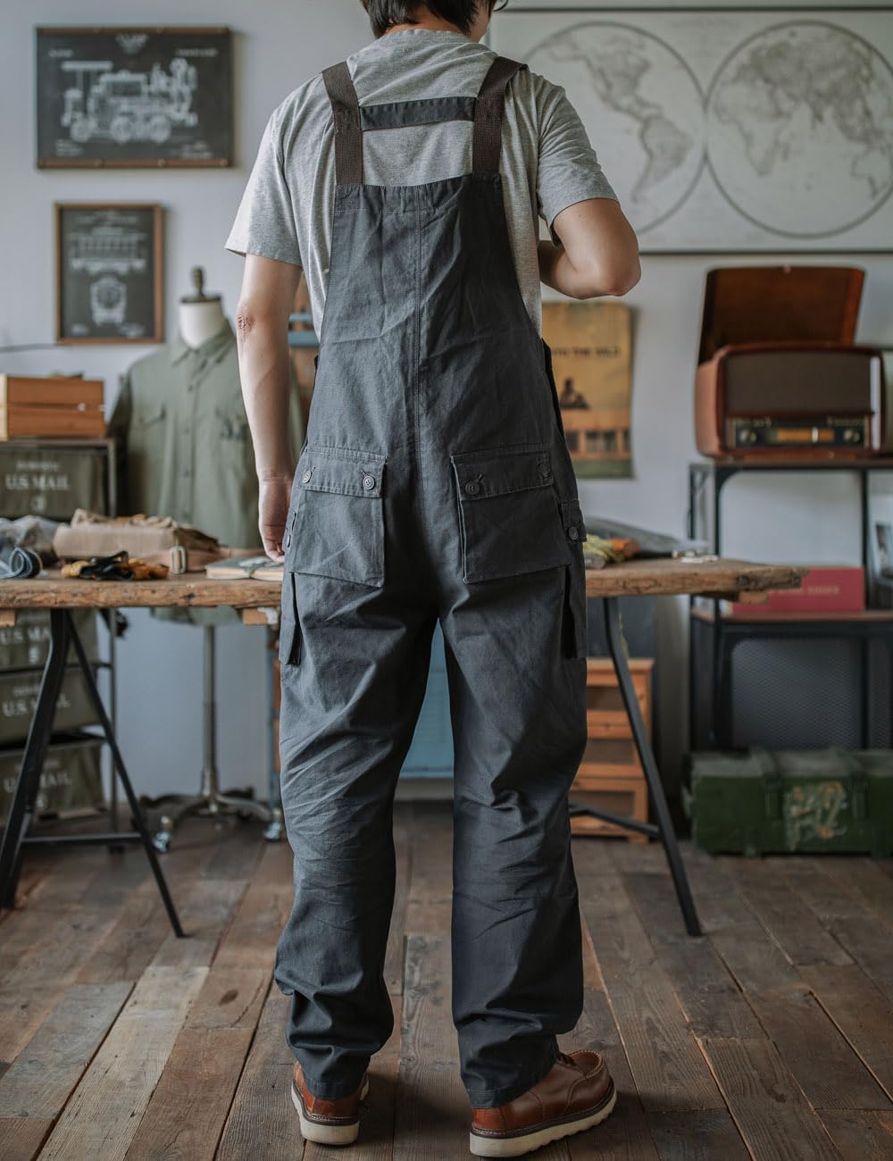 Rexcyril Men's Baggy Bib Overall Loose Fit Canvas Coveralls Workwear Dungarees Jumpsuit with Cargo Pockets