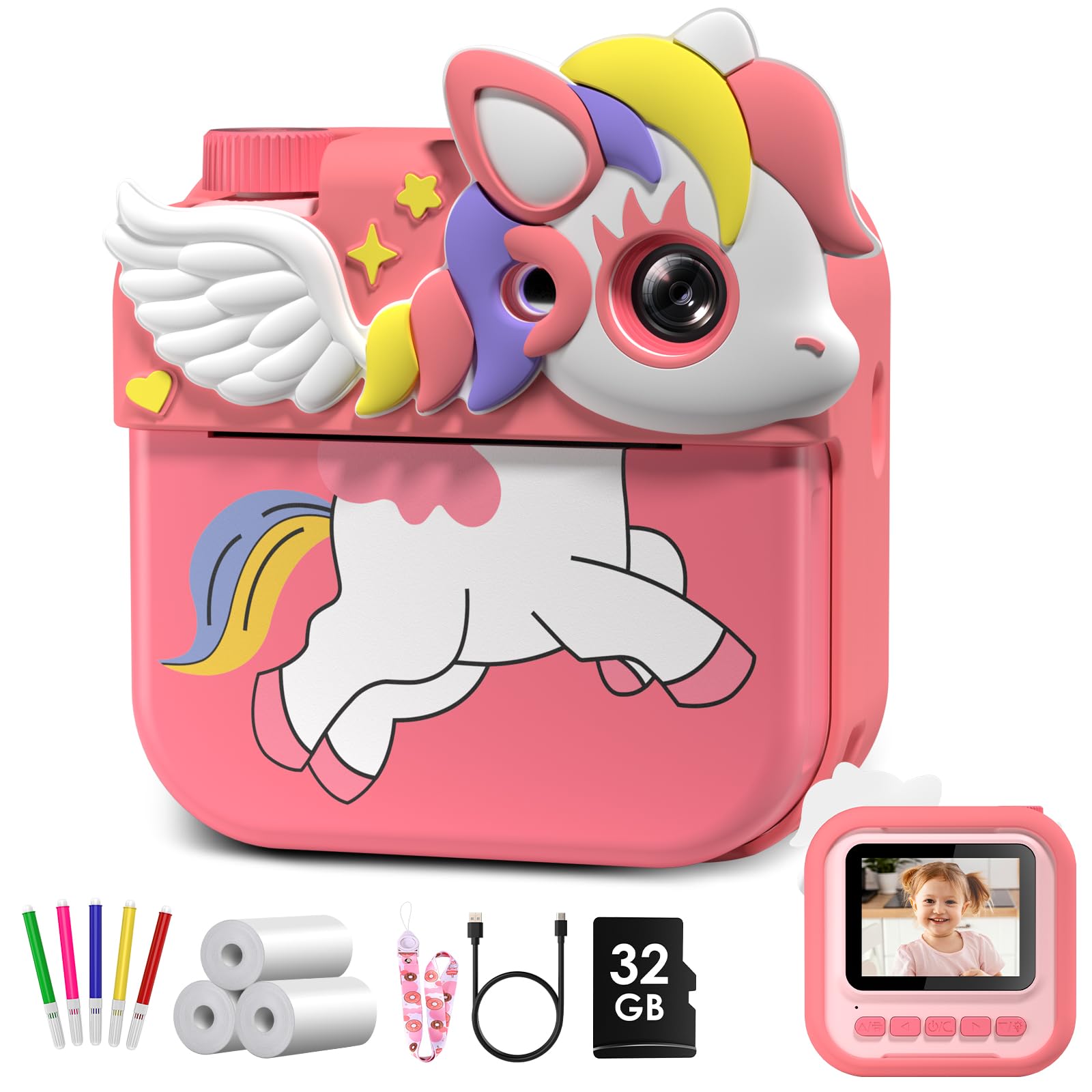 Macchina Fotografica Bambini Istantanea,Hangrui 12MP/1080P HD Fotocamera Bambini con Carta da Stampa e 32G,Fotocamera Digitale Stampa Istantanea, Regalo per Bambini dai 3-12 Anni-Rosa