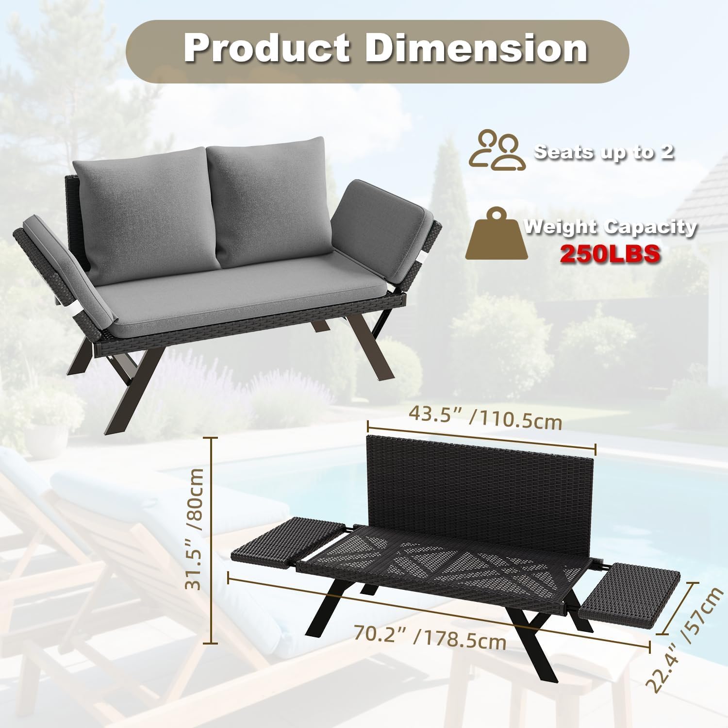 TAVATA Outdoor Patio Sofa Woven Rattan Loveseat Adjustable Armrests Removable Cushions Convertible Daybed 2 Pillows Grey